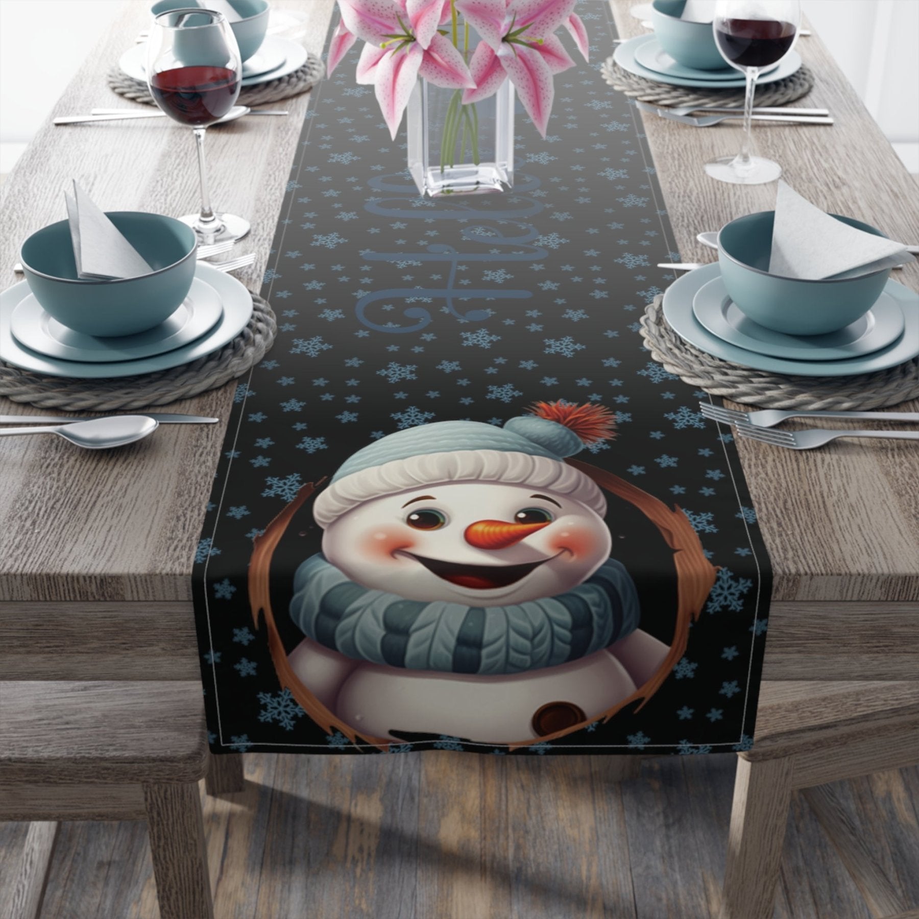 Winter Theme Table Runner, Winter Table Runner, Snow, Snowflakes, Winter Runner, Winter Decor, Hello Winter, Snowman 1, Black - Janlyn's Crafts