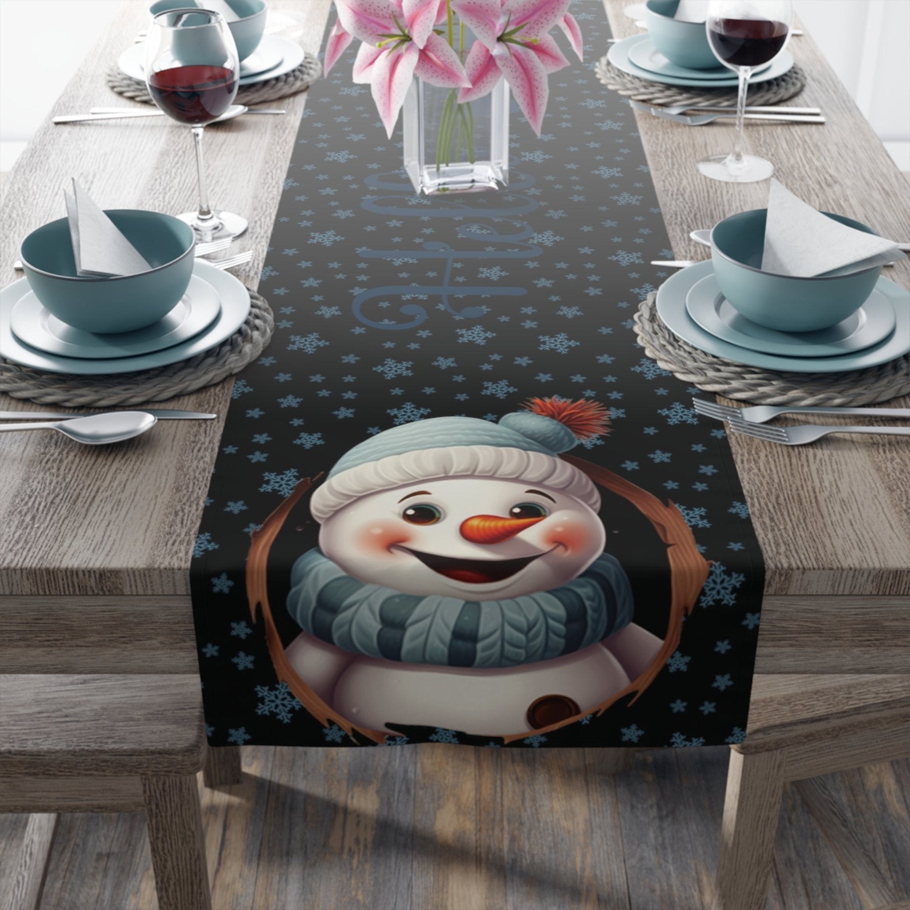 Winter Theme Table Runner, Winter Table Runner, Snow, Snowflakes, Winter Runner, Winter Decor, Hello Winter, Snowman 1, Black - Janlyn's Crafts