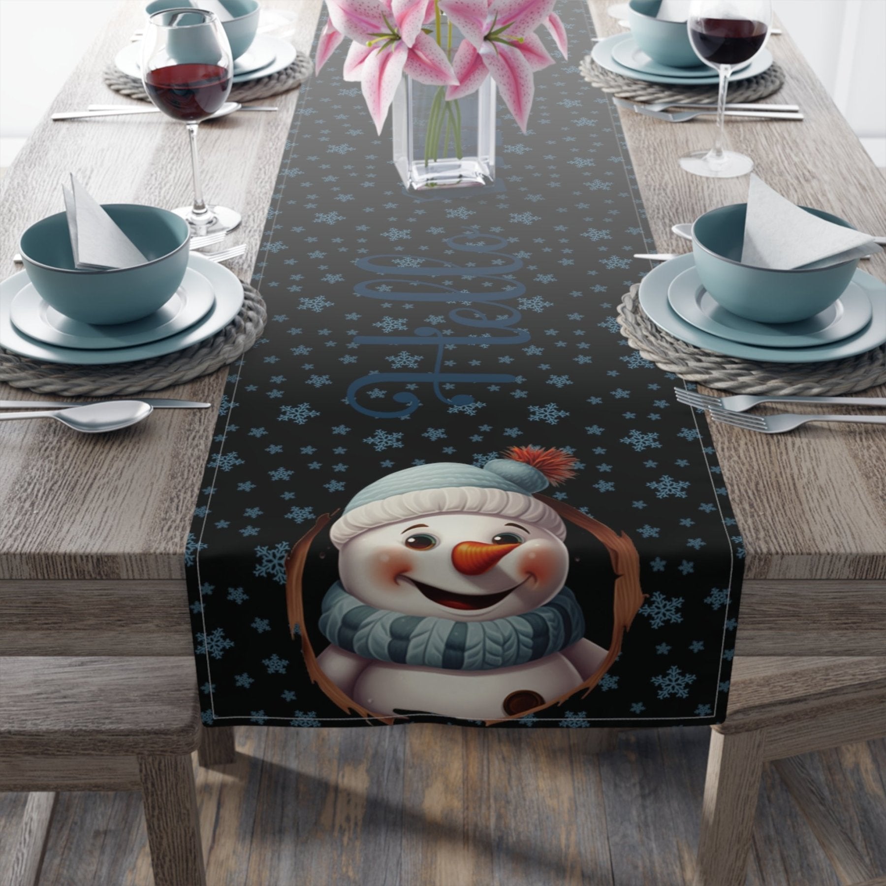 Winter Theme Table Runner, Winter Table Runner, Snow, Snowflakes, Winter Runner, Winter Decor, Hello Winter, Snowman 1, Black - Janlyn's Crafts