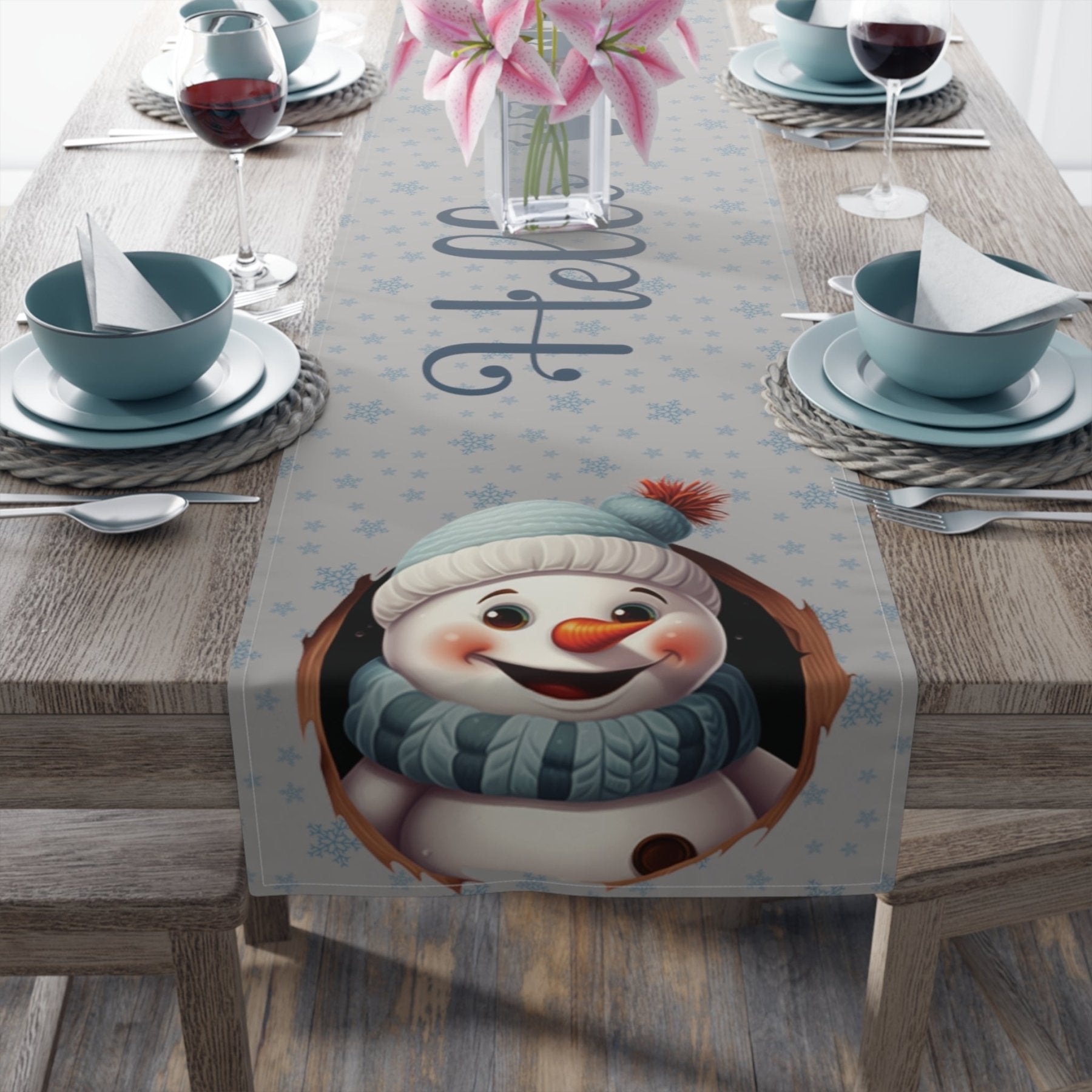 Winter Theme Table Runner, Winter Table Runner, Snow, Snowflakes, Winter Runner, Winter Decor, Hello Winter, Snowman 1, Light Gray - Janlyn's Crafts