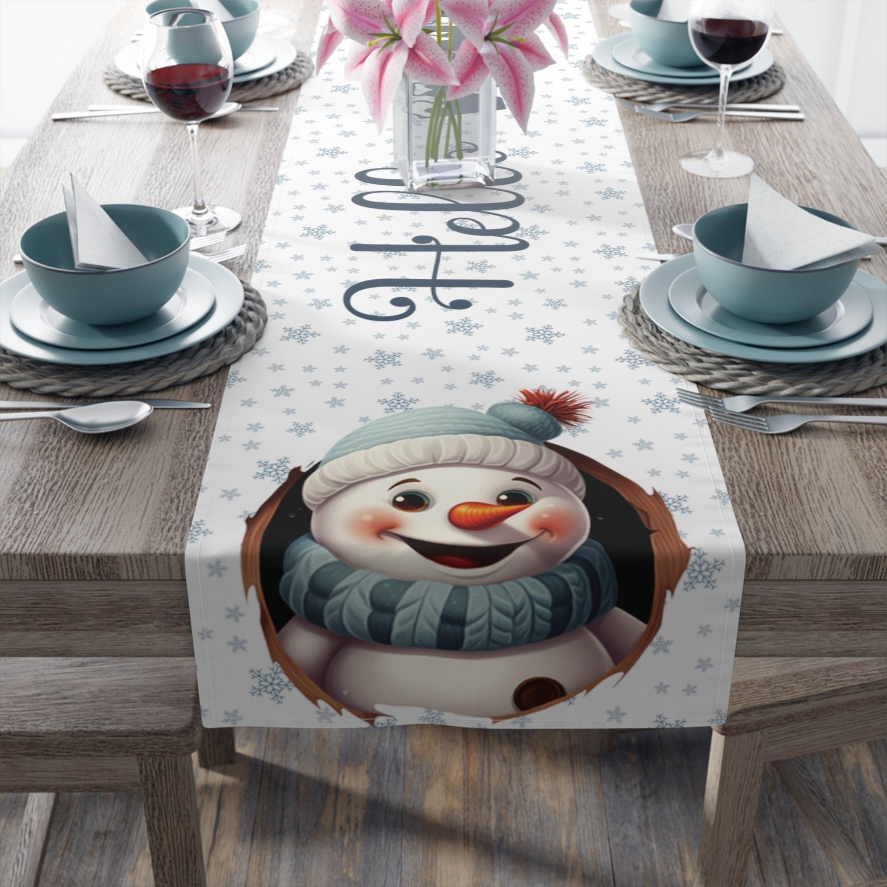 Winter Theme Table Runner, Winter Table Runner, Snow, Snowflakes, Winter Runner, Winter Decor, Hello Winter, Snowman 1, White - Janlyn's Crafts