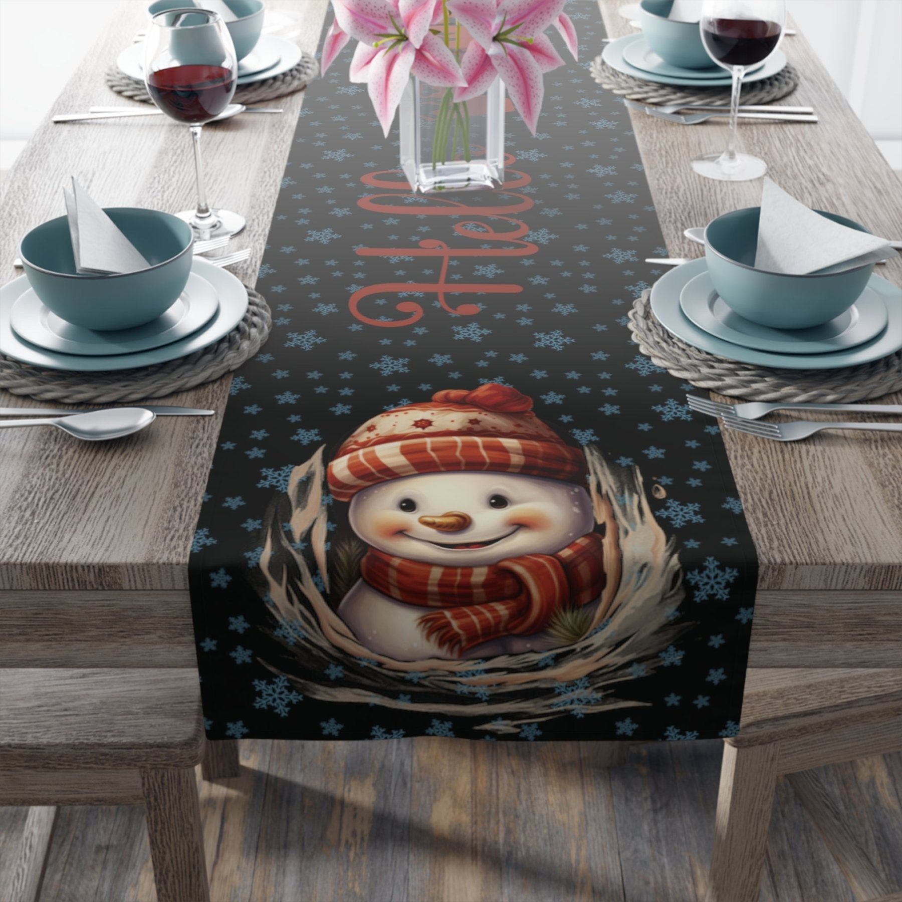 Winter Theme Table Runner, Winter Table Runner, Snow, Snowflakes, Winter Runner, Winter Decor, Hello Winter, Snowman 3, Black - Janlyn's Crafts