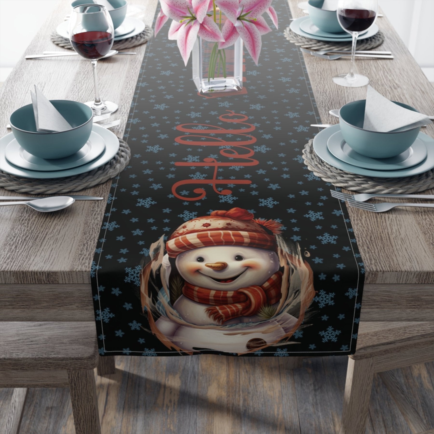 Winter Theme Table Runner, Winter Table Runner, Snow, Snowflakes, Winter Runner, Winter Decor, Hello Winter, Snowman 3, Black - Janlyn's Crafts