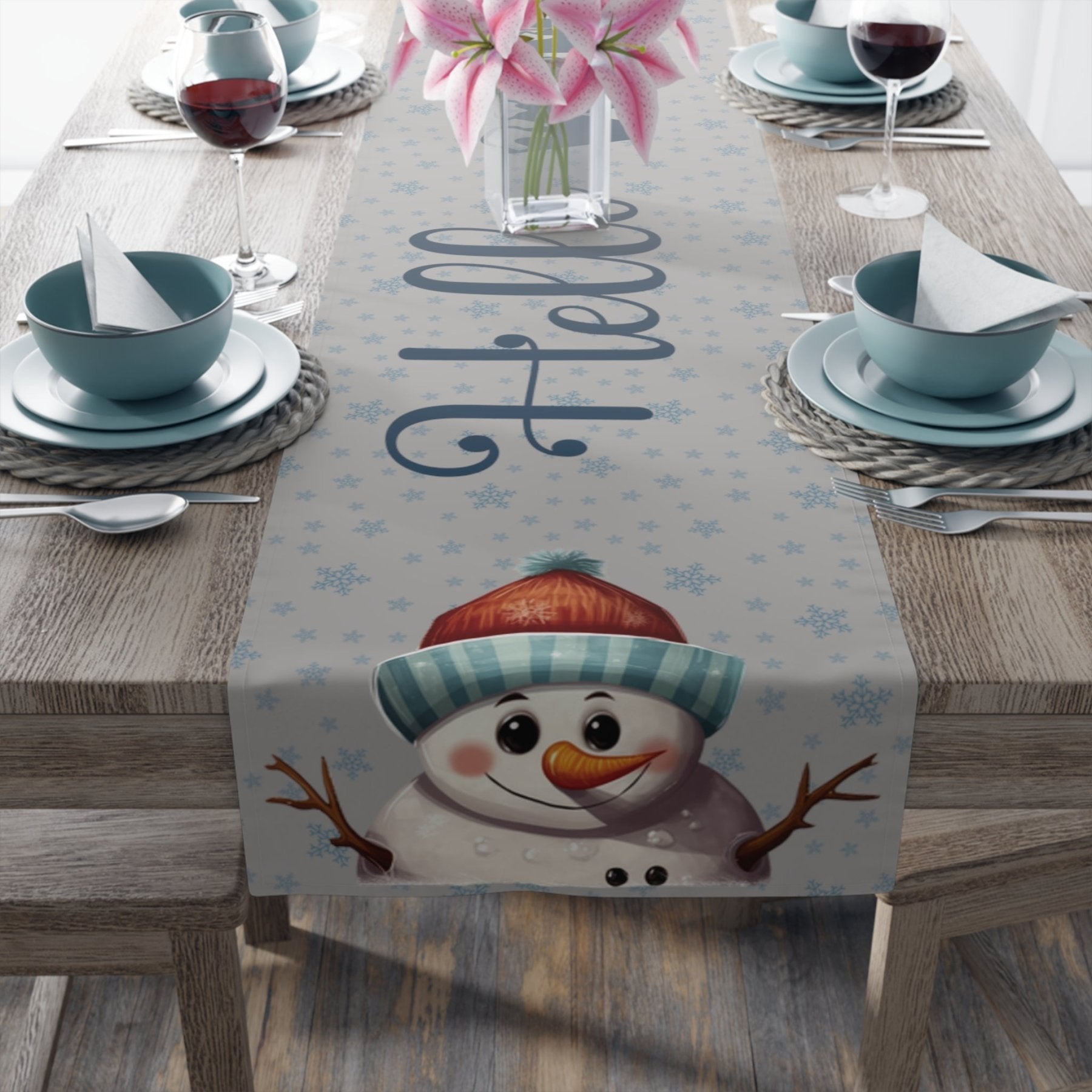 Winter Theme Table Runner, Winter Table Runner, Snow, Snowflakes, Winter Runner, Winter Decor, Hello Winter, Snowman 4, Light Gray - Janlyn's Crafts