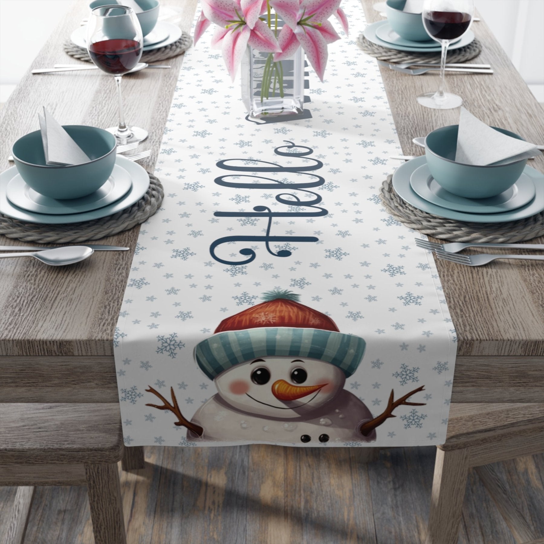 Winter Theme Table Runner, Winter Table Runner, Snow, Snowflakes, Winter Runner, Winter Decor, Hello Winter, Snowman 4, White - Janlyn's Crafts