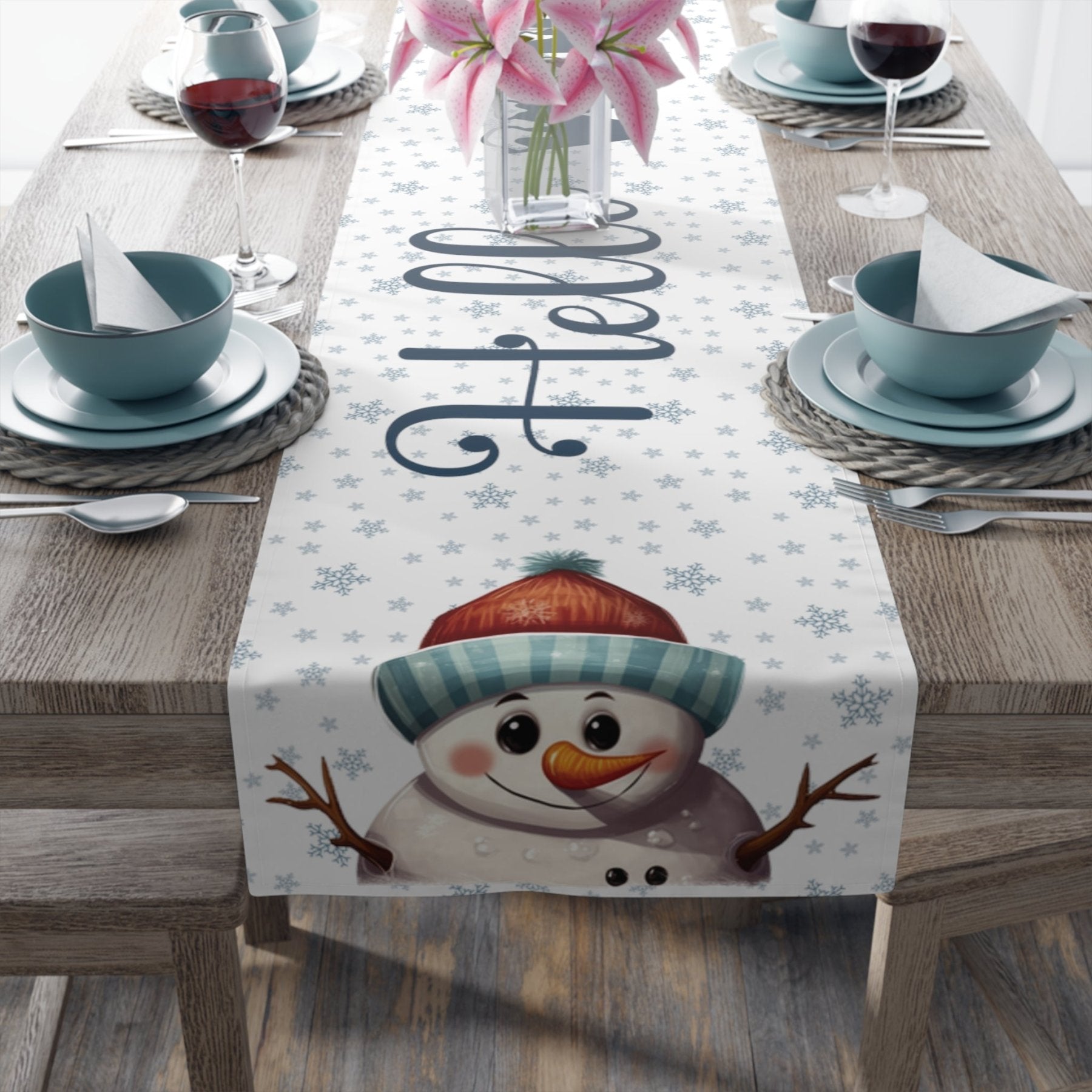 Winter Theme Table Runner, Winter Table Runner, Snow, Snowflakes, Winter Runner, Winter Decor, Hello Winter, Snowman 4, White - Janlyn's Crafts