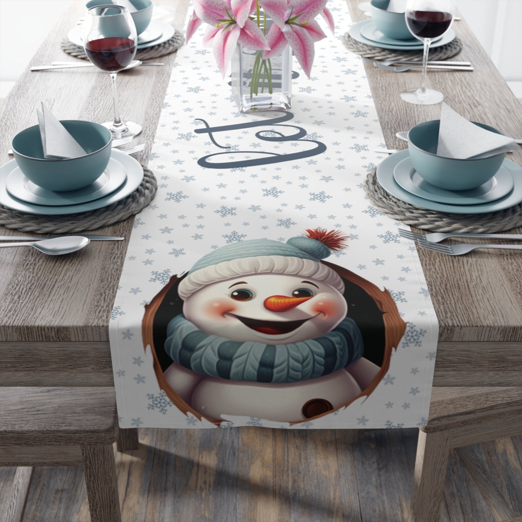 Winter Theme Table Runner, Winter Table Runner, Snow, Snowflakes, Winter Runner, Winter Decor, Let it Snow, Snowman 1, White - Janlyn's Crafts