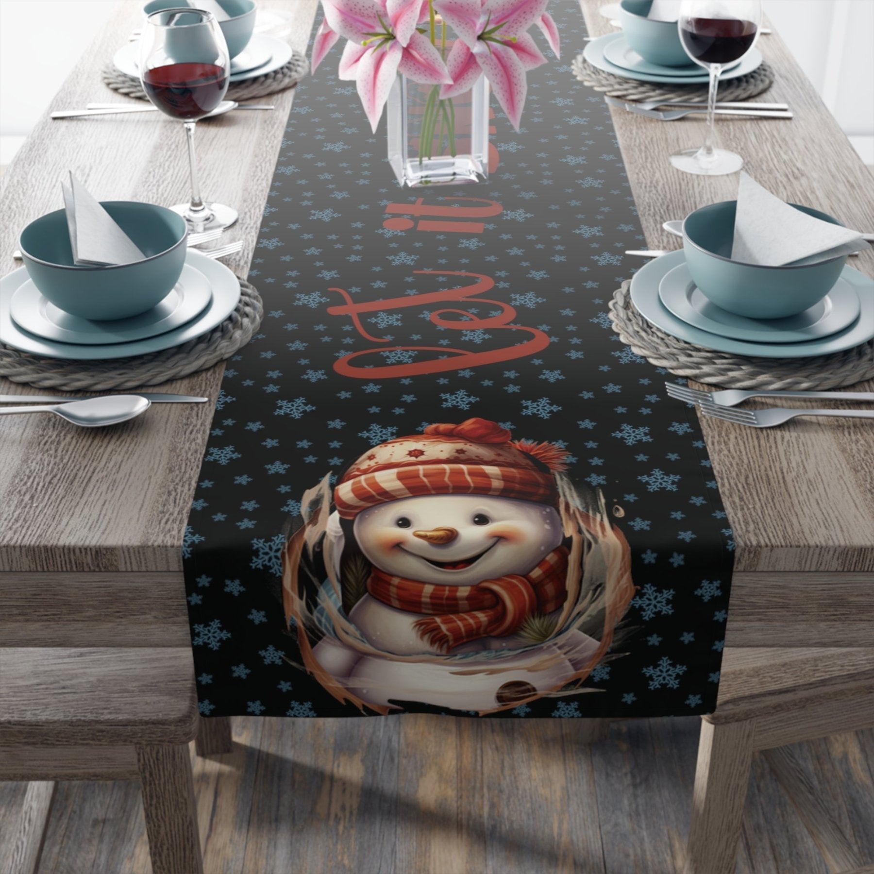 Winter Theme Table Runner, Winter Table Runner, Snow, Snowflakes, Winter Runner, Winter Decor, Let it Snow, Snowman 3, Black - Janlyn's Crafts