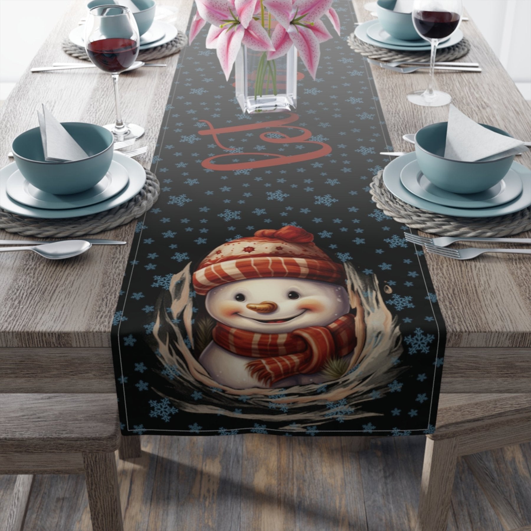 Winter Theme Table Runner, Winter Table Runner, Snow, Snowflakes, Winter Runner, Winter Decor, Let it Snow, Snowman 3, Black - Janlyn's Crafts