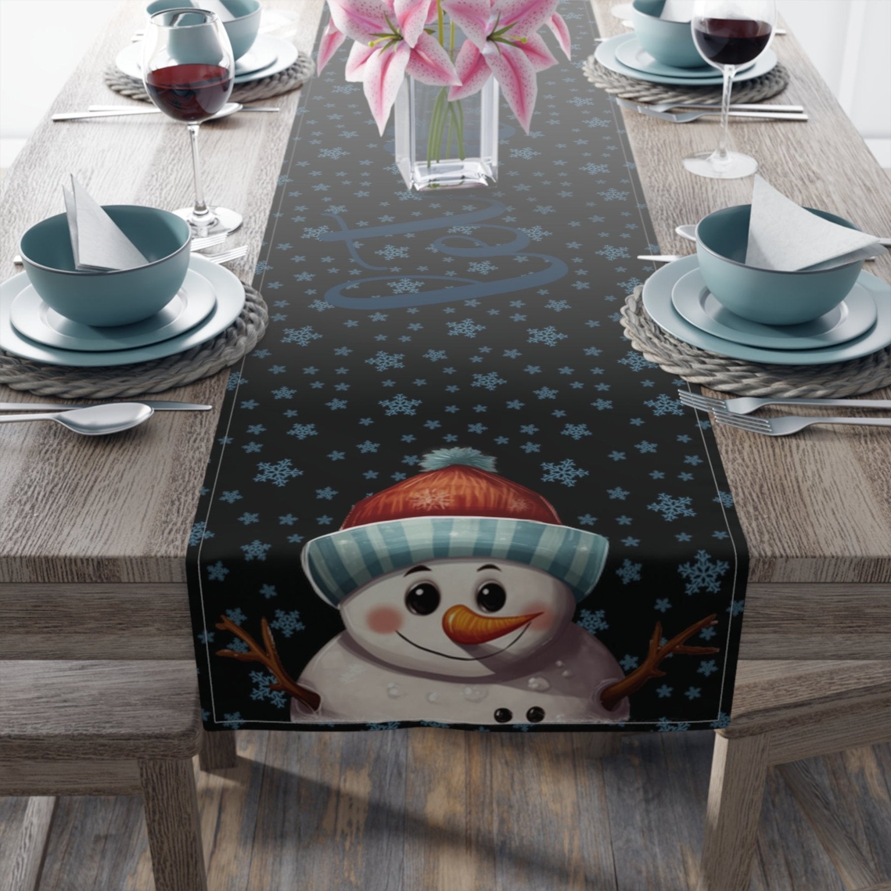 Winter Theme Table Runner, Winter Table Runner, Snow, Snowflakes, Winter Runner, Winter Decor, Let it Snow, Snowman 4, Black - Janlyn's Crafts