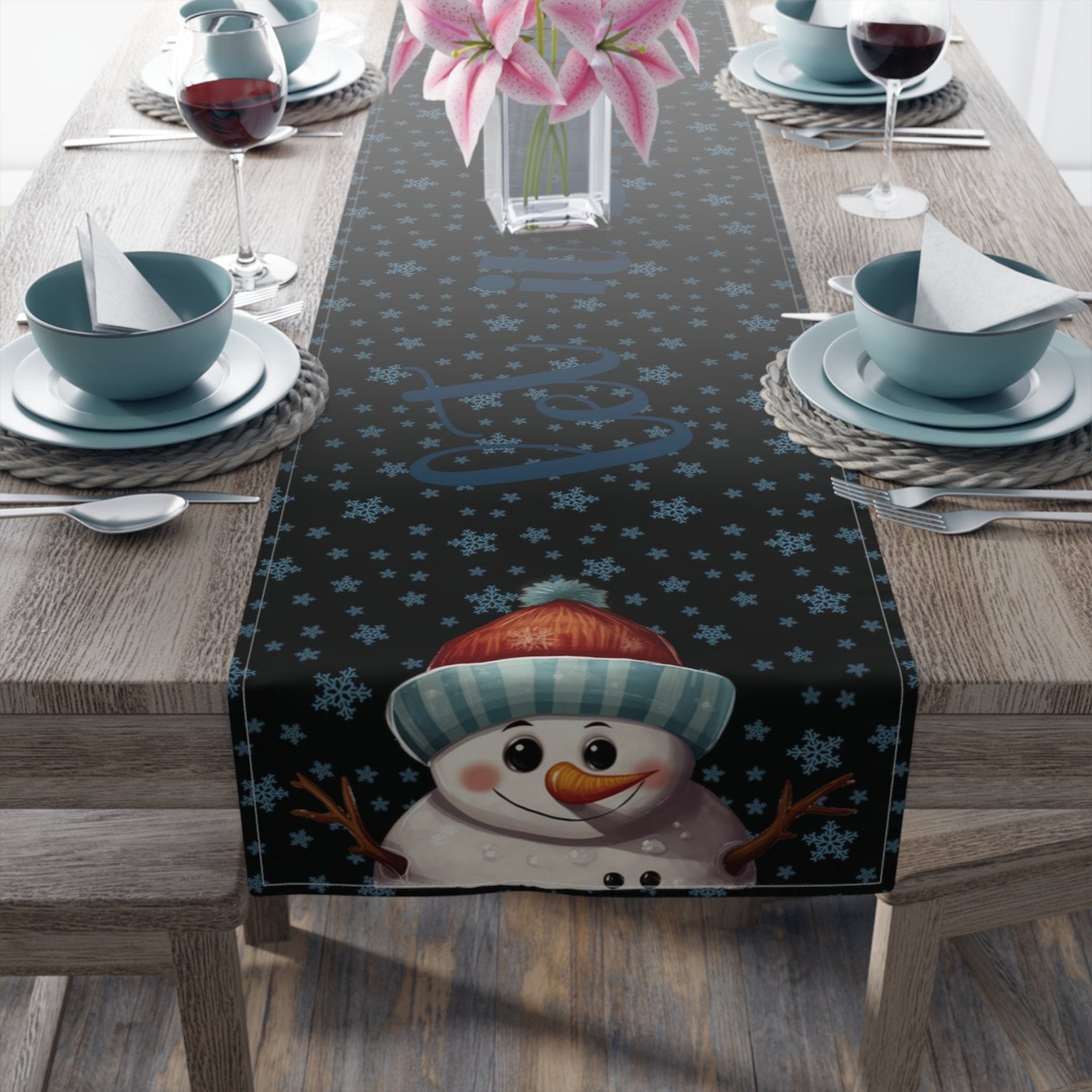 Winter Theme Table Runner, Winter Table Runner, Snow, Snowflakes, Winter Runner, Winter Decor, Let it Snow, Snowman 4, Black - Janlyn's Crafts