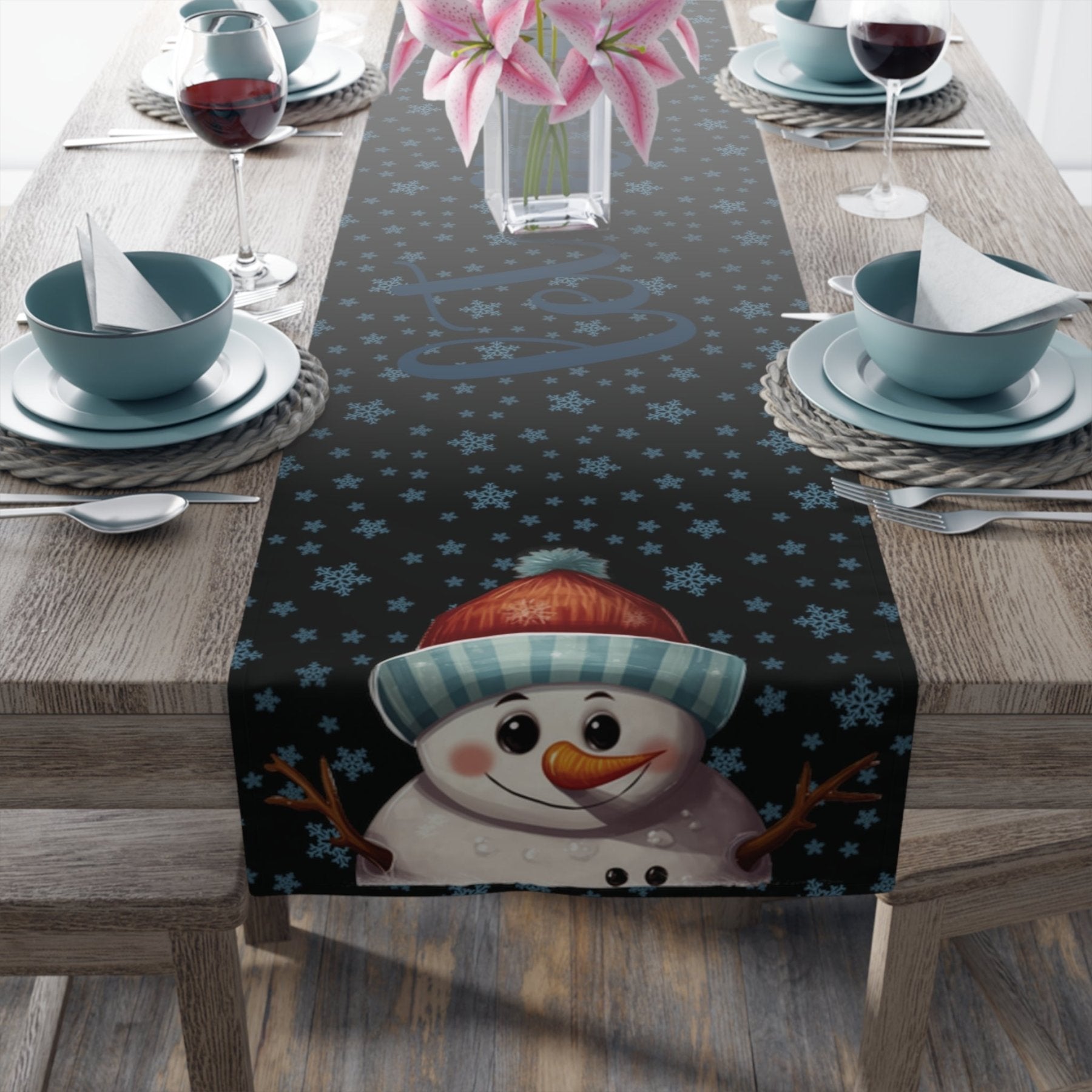 Winter Theme Table Runner, Winter Table Runner, Snow, Snowflakes, Winter Runner, Winter Decor, Let it Snow, Snowman 4, Black - Janlyn's Crafts