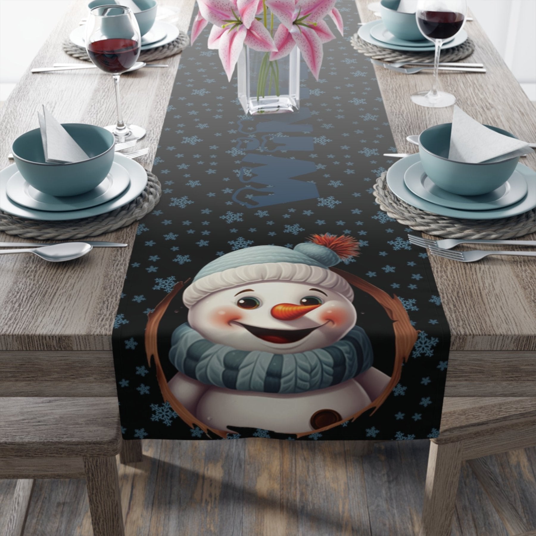 Winter Theme Table Runner, Winter Table Runner, Snow, Snowflakes, Winter Runner, Winter Decor, Winter Blessings, Snowman 1, Black - Janlyn's Crafts