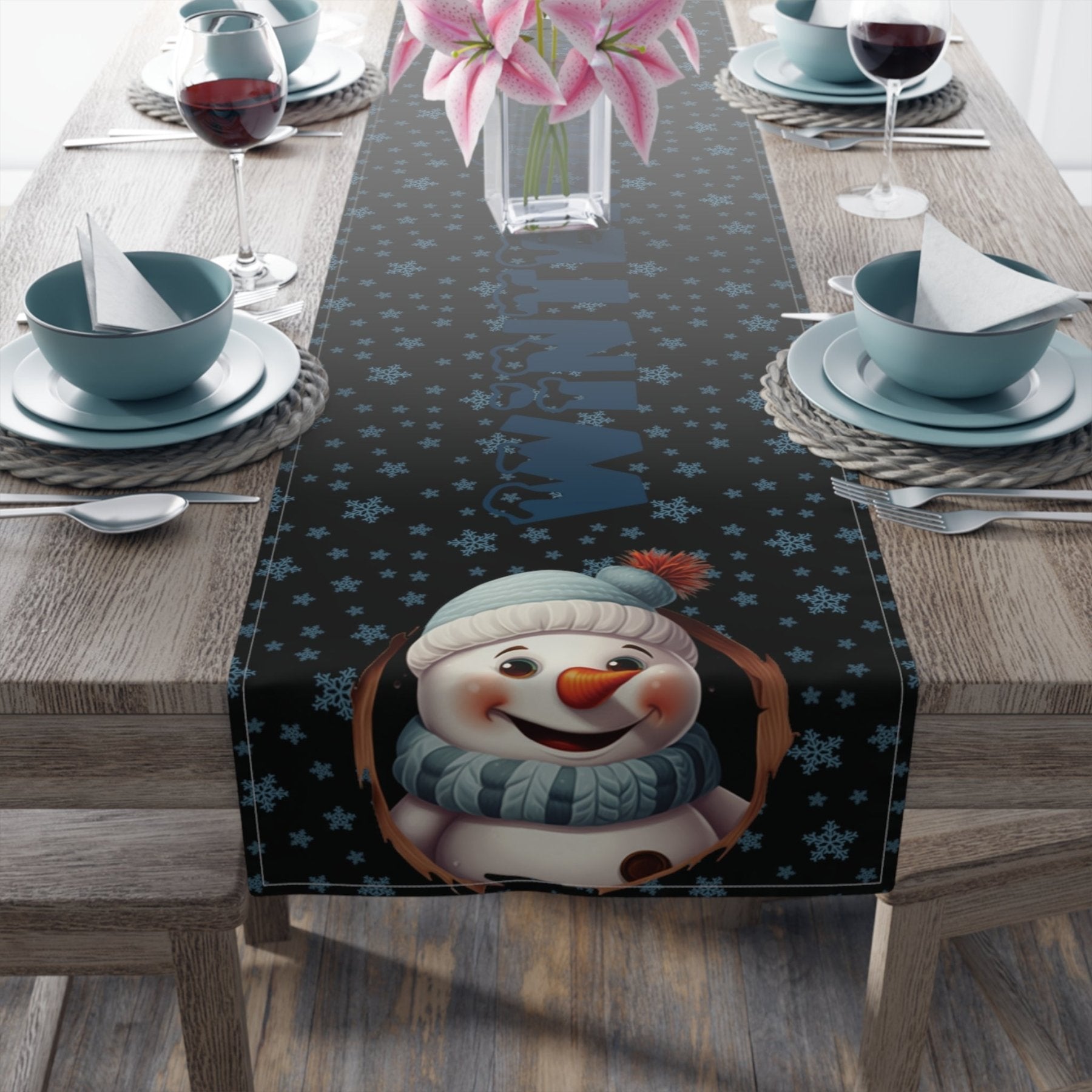 Winter Theme Table Runner, Winter Table Runner, Snow, Snowflakes, Winter Runner, Winter Decor, Winter Blessings, Snowman 1, Black - Janlyn's Crafts