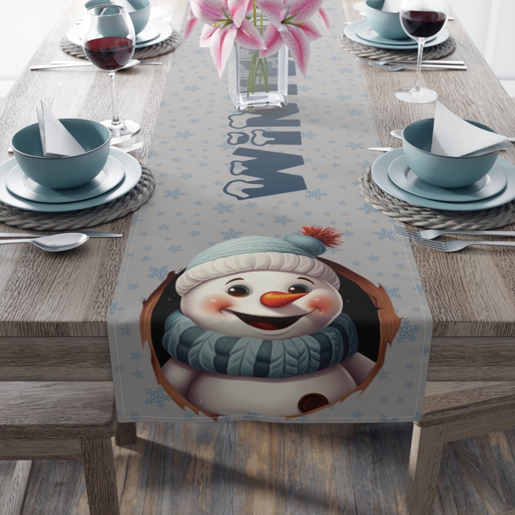 Winter Theme Table Runner, Winter Table Runner, Snow, Snowflakes, Winter Runner, Winter Decor, Winter Blessings, Snowman 1, Light Gray - Janlyn's Crafts