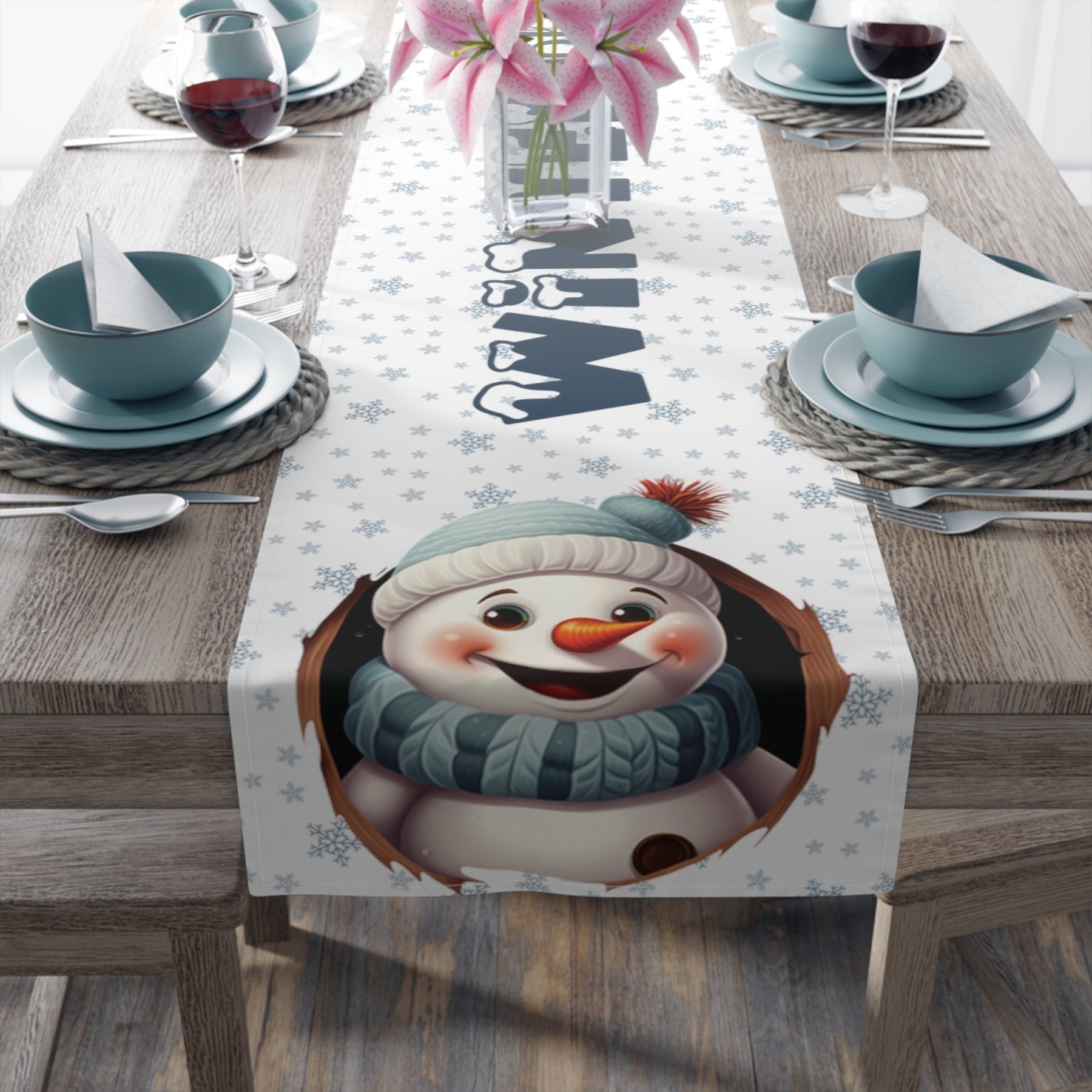 Winter Theme Table Runner, Winter Table Runner, Snow, Snowflakes, Winter Runner, Winter Decor, Winter Blessings, Snowman 1, White - Janlyn's Crafts