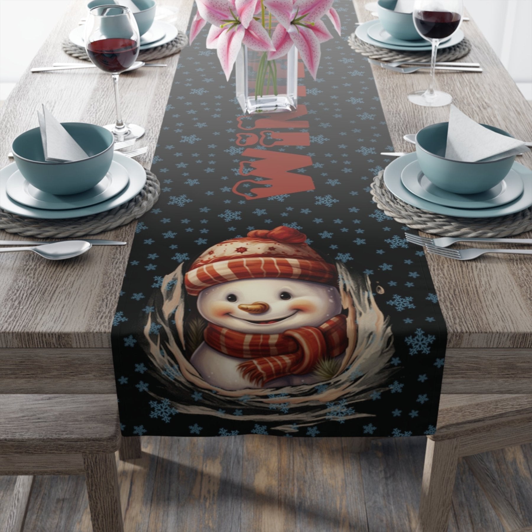 Winter Theme Table Runner, Winter Table Runner, Snow, Snowflakes, Winter Runner, Winter Decor, Winter Blessings, Snowman 3, Black - Janlyn's Crafts