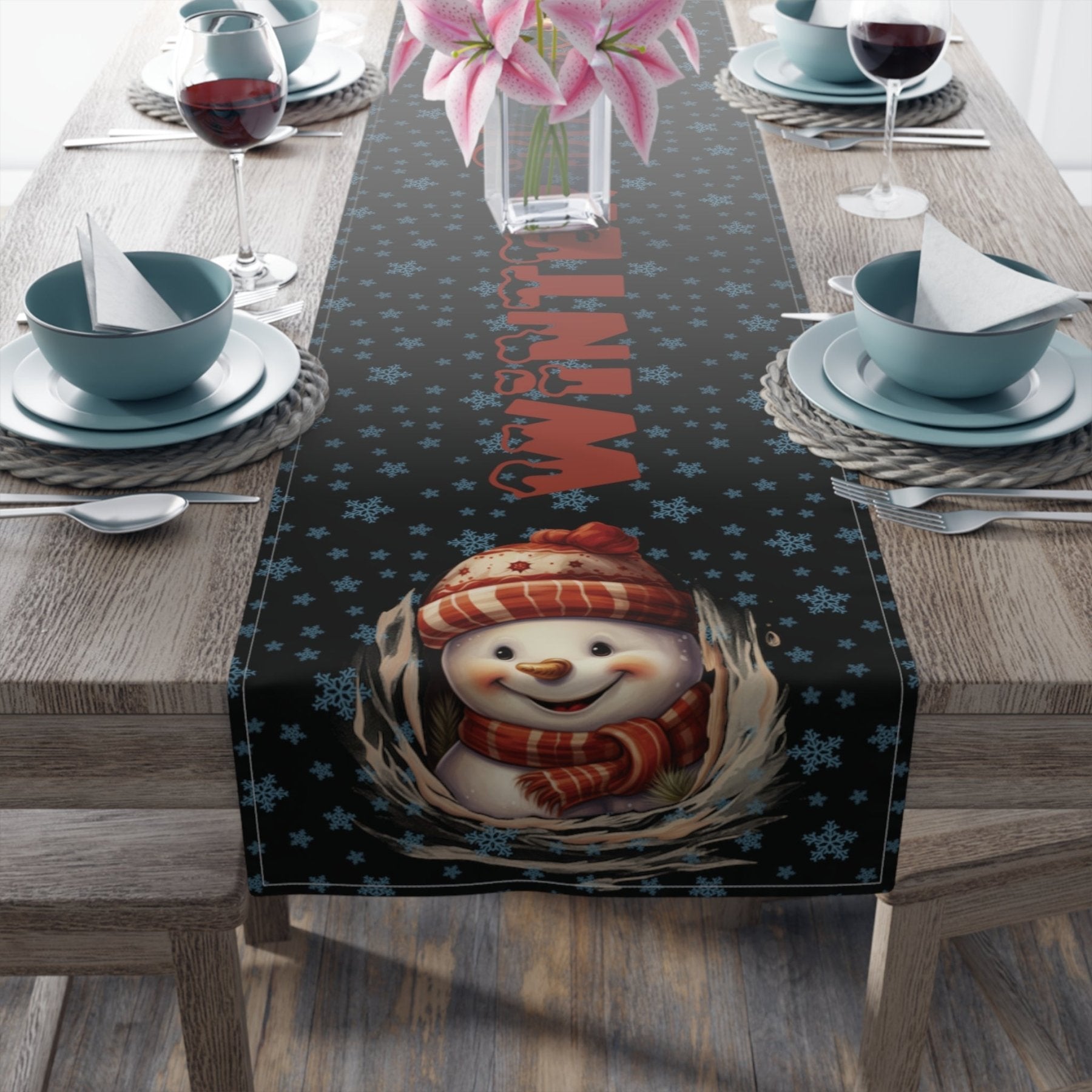 Winter Theme Table Runner, Winter Table Runner, Snow, Snowflakes, Winter Runner, Winter Decor, Winter Blessings, Snowman 3, Black - Janlyn's Crafts