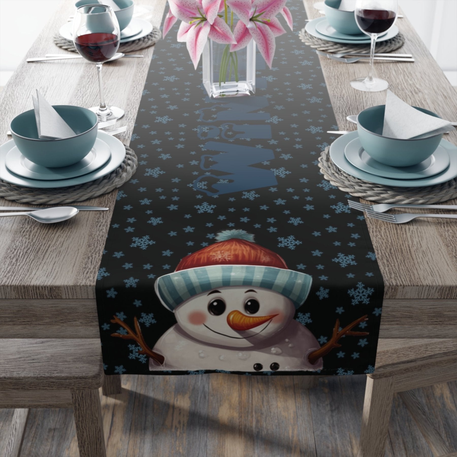 Winter Theme Table Runner, Winter Table Runner, Snow, Snowflakes, Winter Runner, Winter Decor, Winter Blessings, Snowman 4, Black - Janlyn's Crafts