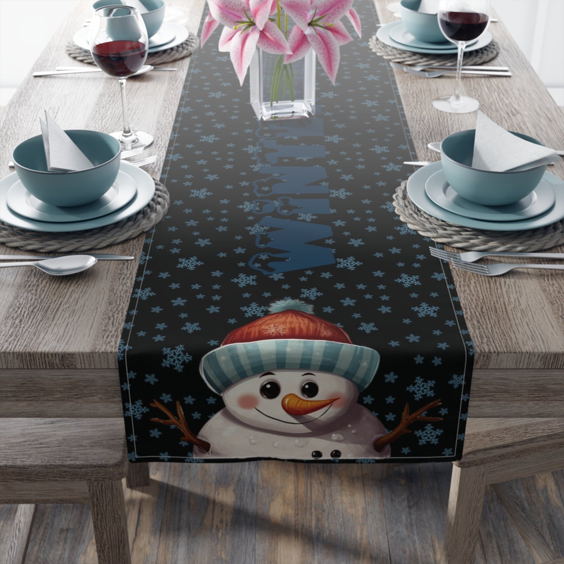 Winter Theme Table Runner, Winter Table Runner, Snow, Snowflakes, Winter Runner, Winter Decor, Winter Blessings, Snowman 4, Black - Janlyn's Crafts