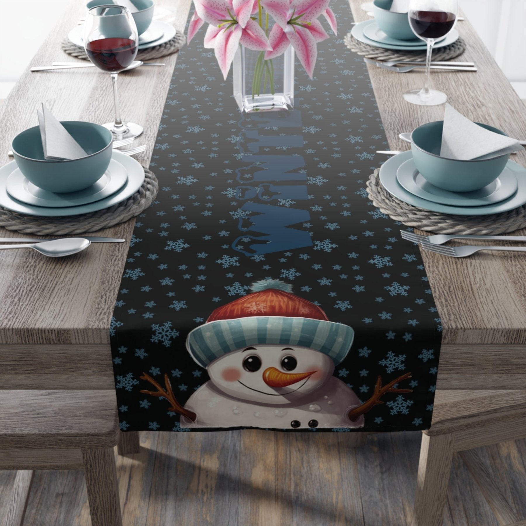 Winter Theme Table Runner, Winter Table Runner, Snow, Snowflakes, Winter Runner, Winter Decor, Winter Blessings, Snowman 4, Black - Janlyn's Crafts