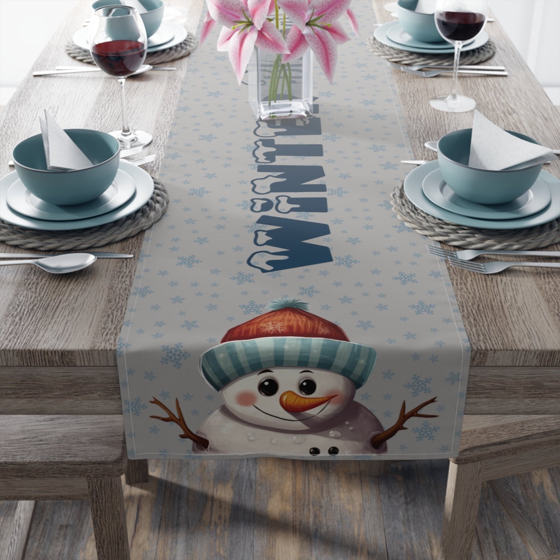 Winter Theme Table Runner, Winter Table Runner, Snow, Snowflakes, Winter Runner, Winter Decor, Winter Blessings, Snowman 4, Light Gray - Janlyn's Crafts