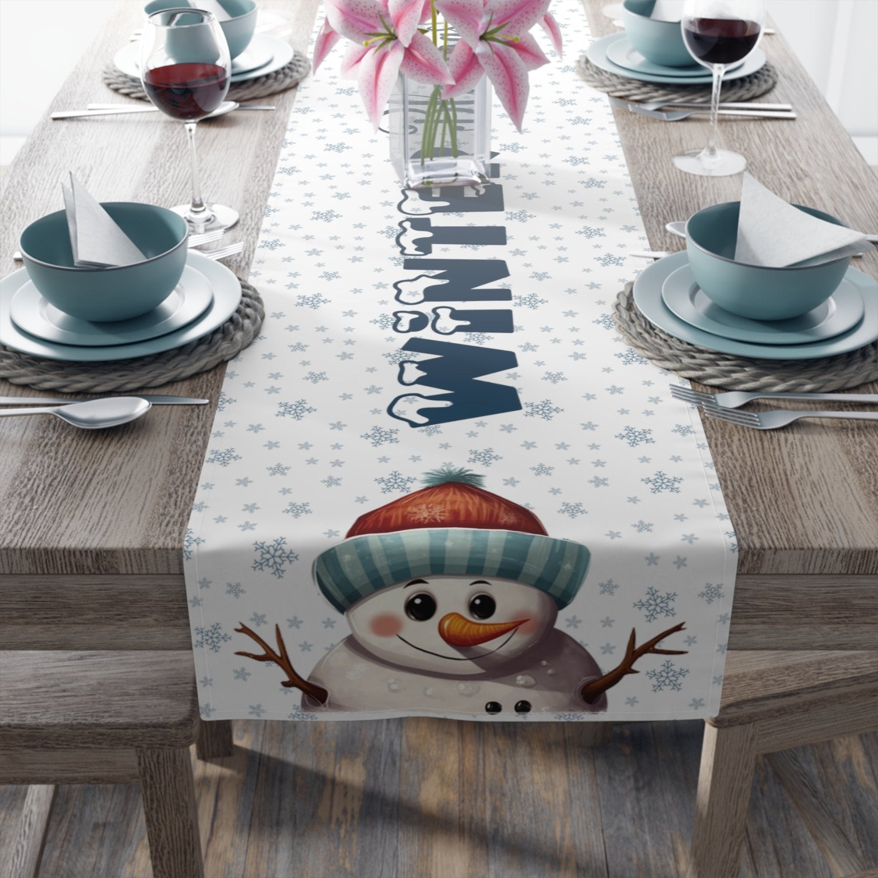 Winter Theme Table Runner, Winter Table Runner, Snow, Snowflakes, Winter Runner, Winter Decor, Winter Blessings, Snowman 4, White - Janlyn's Crafts