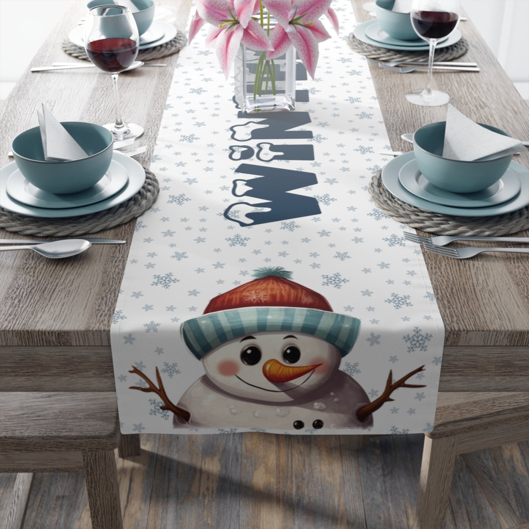 Winter Theme Table Runner, Winter Table Runner, Snow, Snowflakes, Winter Runner, Winter Decor, Winter Blessings, Snowman 4, White - Janlyn's Crafts