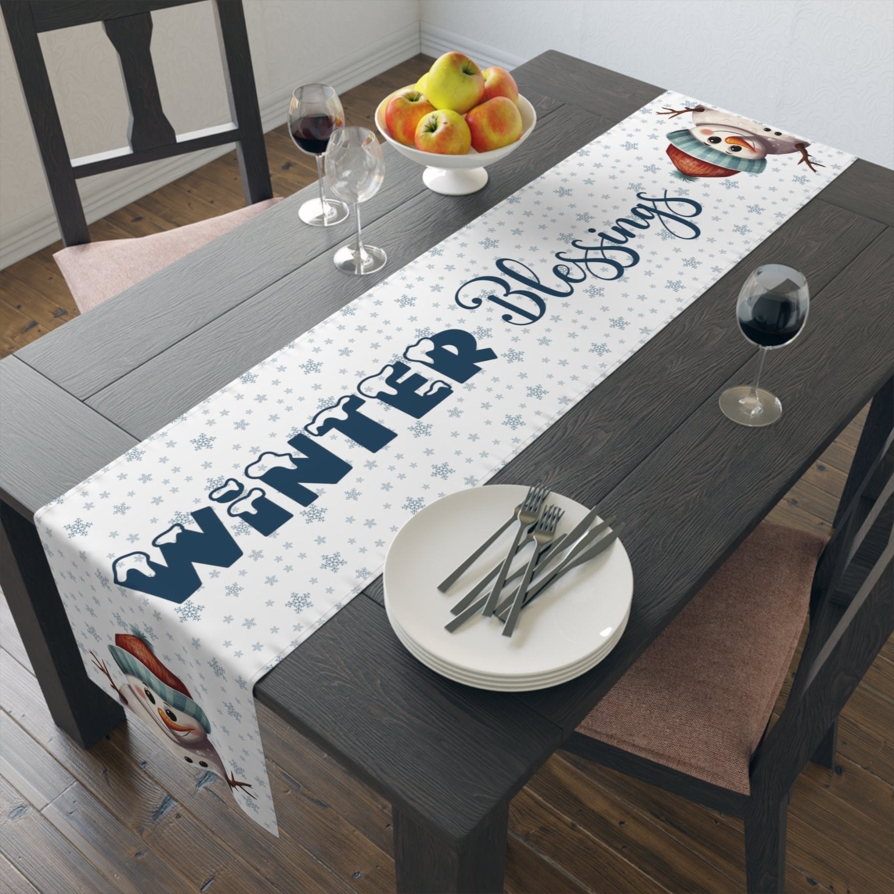 Winter Theme Table Runner, Winter Table Runner, Snow, Snowflakes, Winter Runner, Winter Decor, Winter Blessings, Snowman 4, White - Janlyn's Crafts