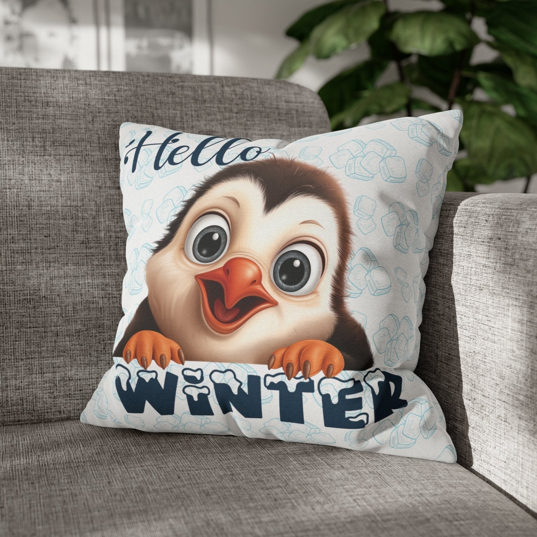 Winter Throw Pillow Cover, Throw Pillow Case, Winter Theme, Penguin, Hello Winter, Square Pillow Case - Janlyn's Crafts