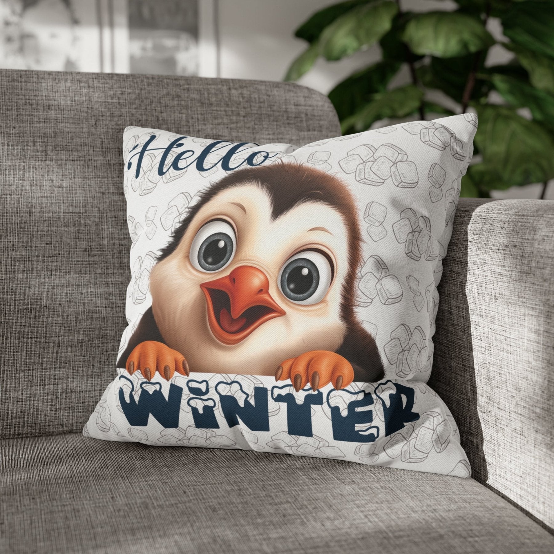 Winter Throw Pillow Cover, Throw Pillow Case, Winter Theme, Penguin, Hello Winter, Square Pillow Case - Janlyn's Crafts