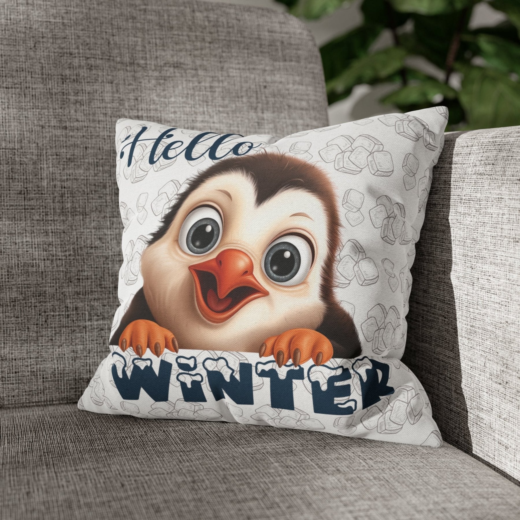 Winter Throw Pillow Cover, Throw Pillow Case, Winter Theme, Penguin, Hello Winter, Square Pillow Case - Janlyn's Crafts