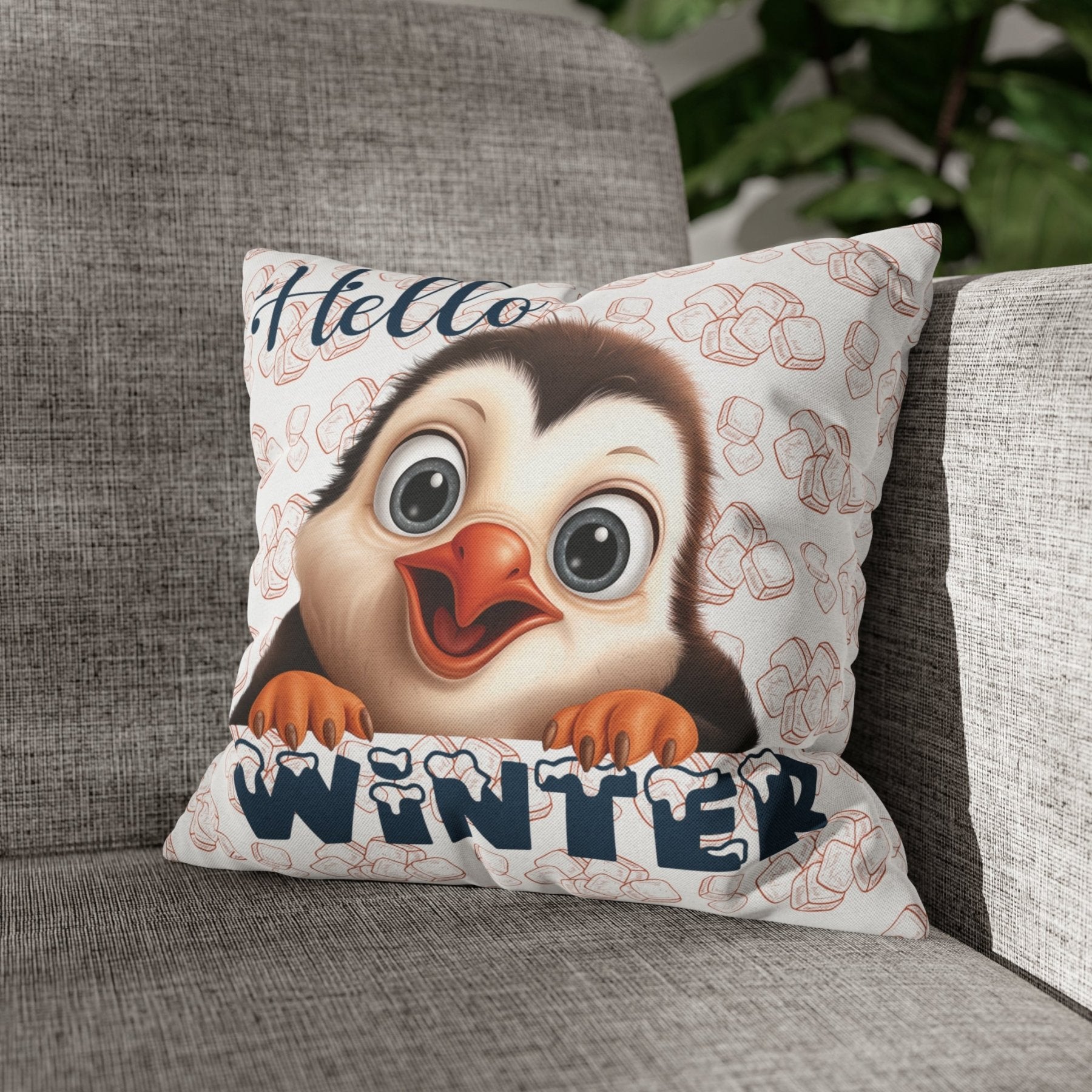 Winter Throw Pillow Cover, Throw Pillow Case, Winter Theme, Penguin, Hello Winter, Square Pillow Case - Janlyn's Crafts