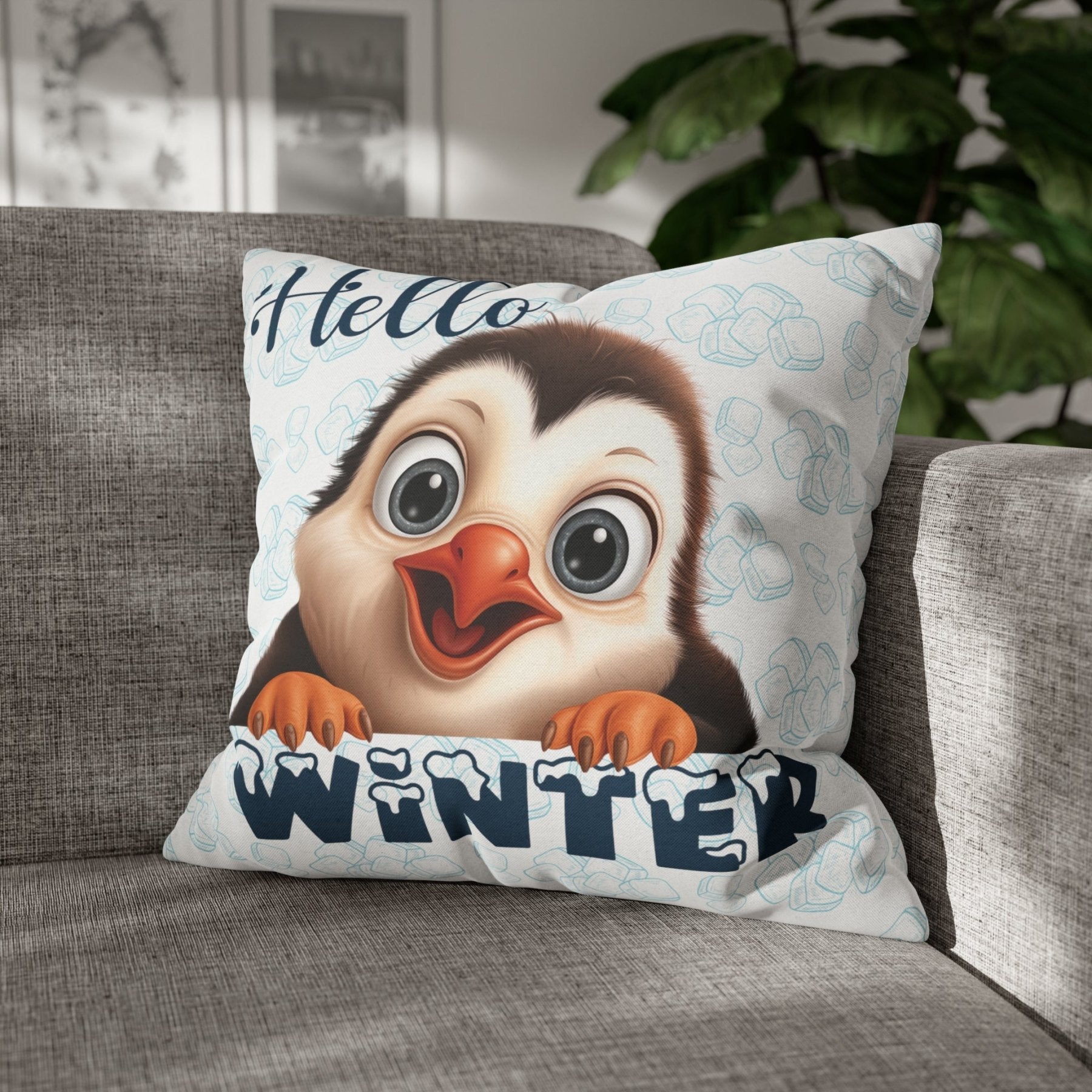 Winter Throw Pillow Cover, Throw Pillow Case, Winter Theme, Penguin, Hello Winter, Square Pillow Case - Janlyn's Crafts