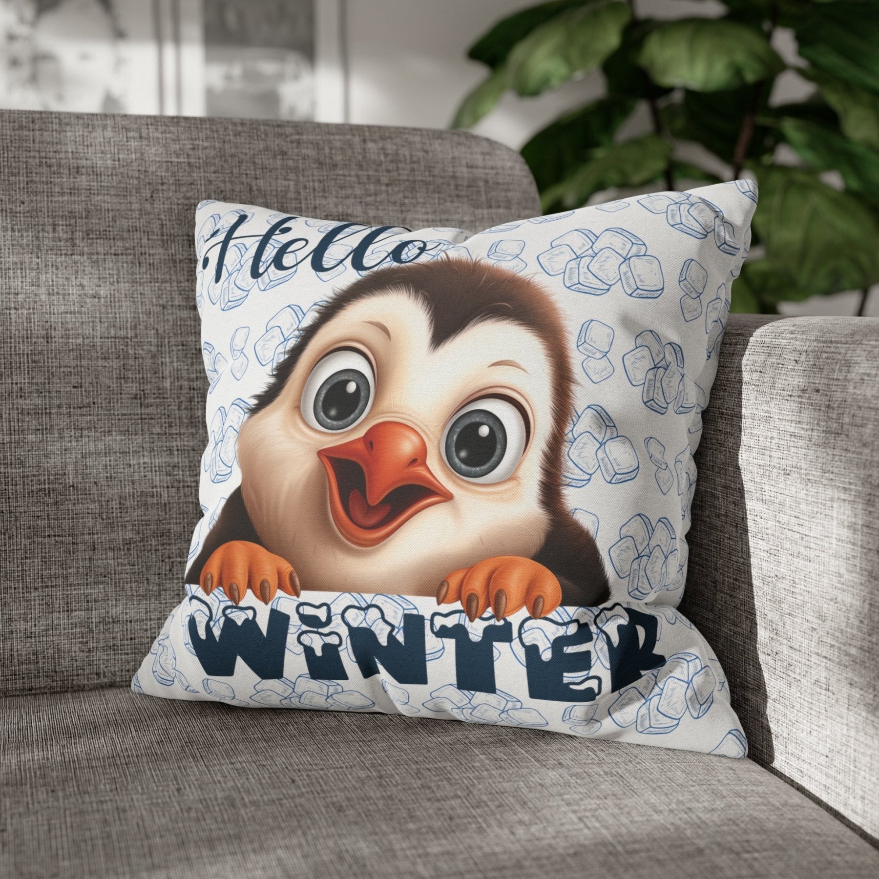 Winter Throw Pillow Cover, Throw Pillow Case, Winter Theme, Penguin, Hello Winter, Square Pillow Case - Janlyn's Crafts