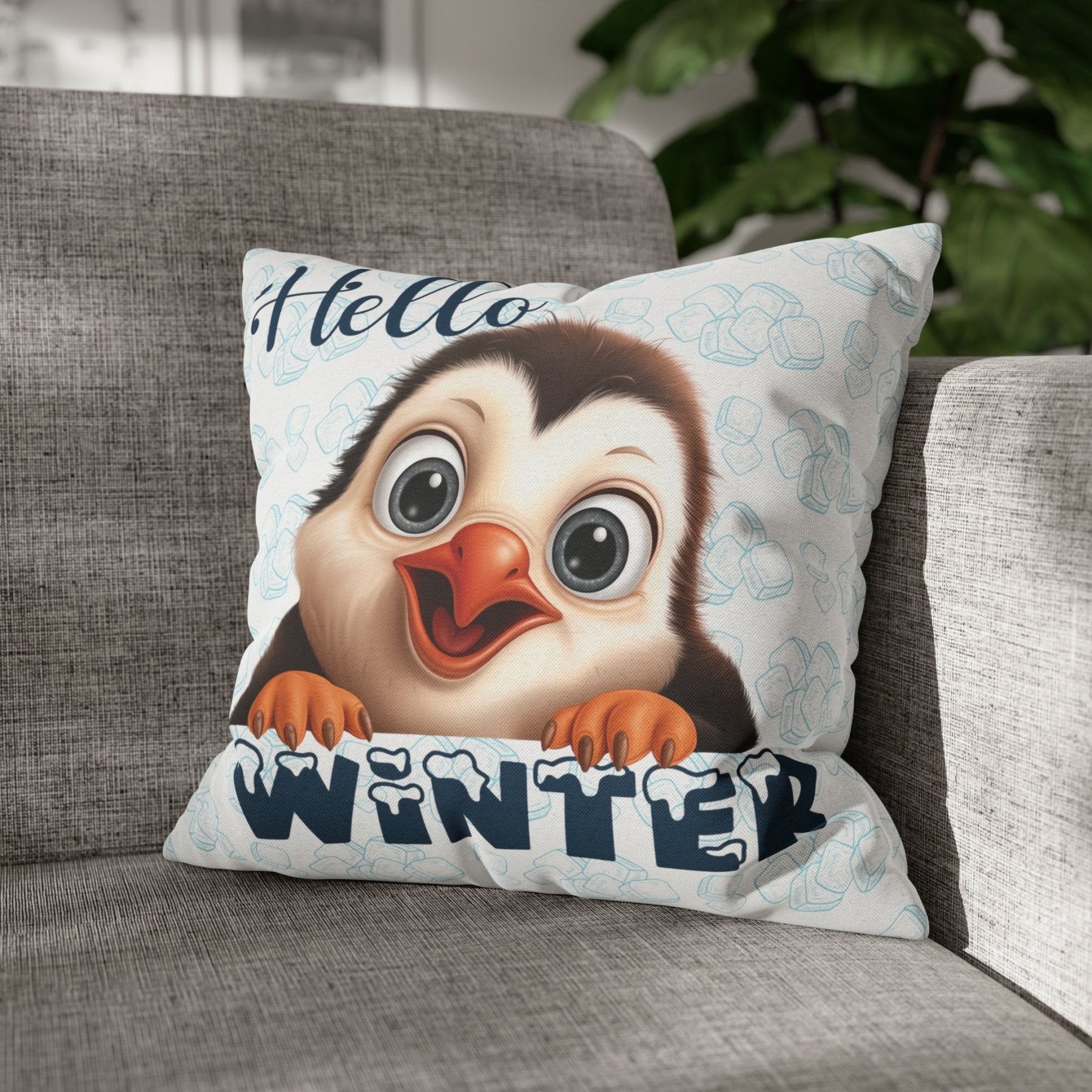 Winter Throw Pillow Cover, Throw Pillow Case, Winter Theme, Penguin, Hello Winter, Square Pillow Case - Janlyn's Crafts