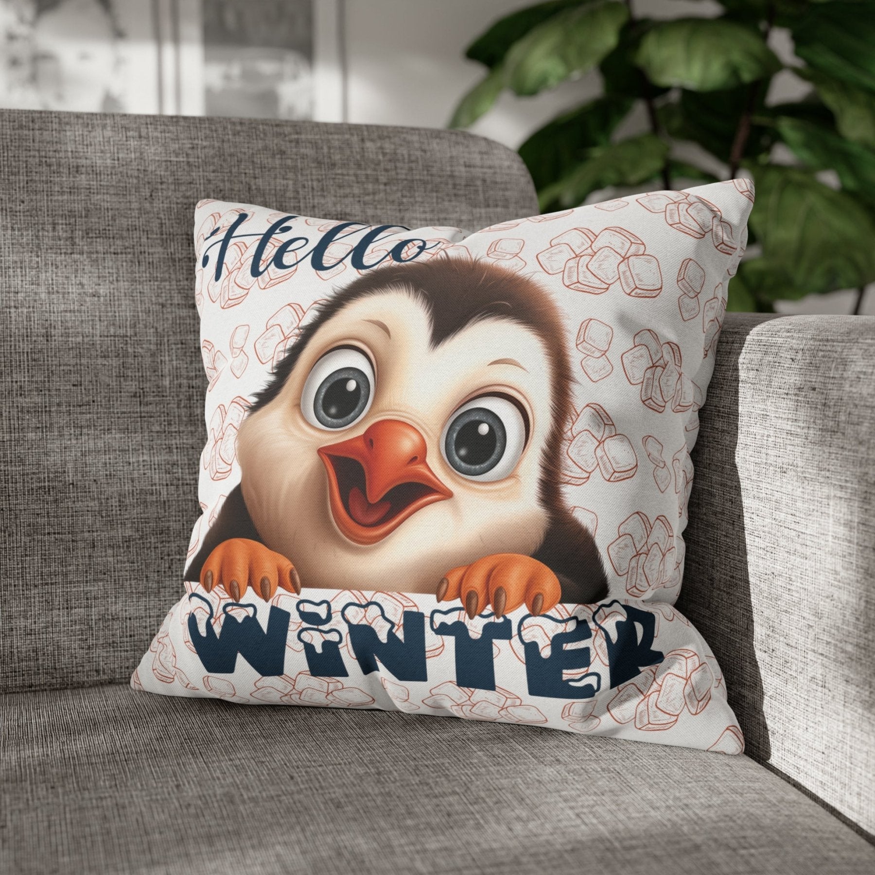 Winter Throw Pillow Cover, Throw Pillow Case, Winter Theme, Penguin, Hello Winter, Square Pillow Case - Janlyn's Crafts