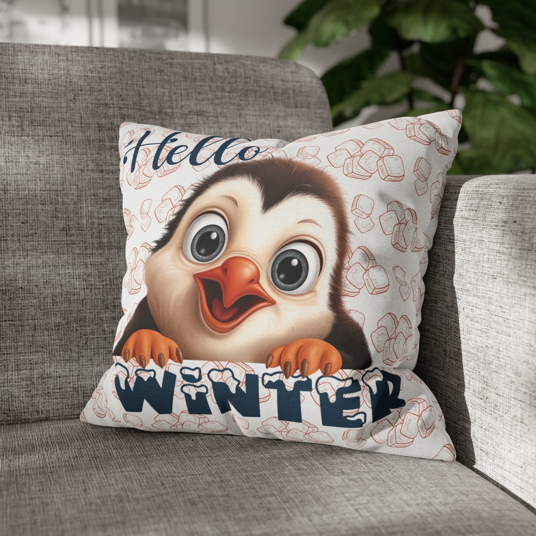 Winter Throw Pillow Cover, Throw Pillow Case, Winter Theme, Penguin, Hello Winter, Square Pillow Case - Janlyn's Crafts