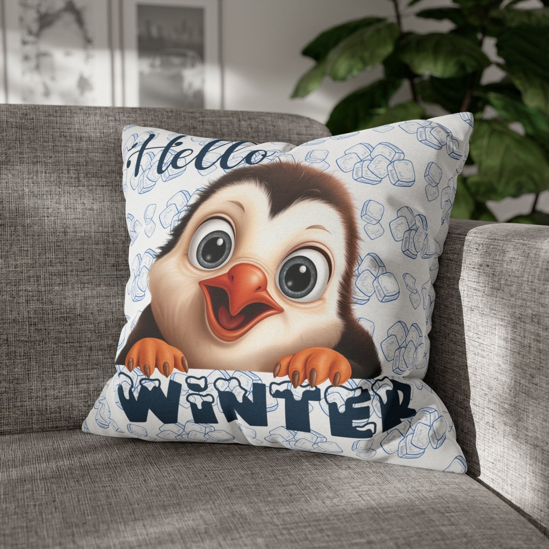 Winter Throw Pillow Cover, Throw Pillow Case, Winter Theme, Penguin, Hello Winter, Square Pillow Case - Janlyn's Crafts