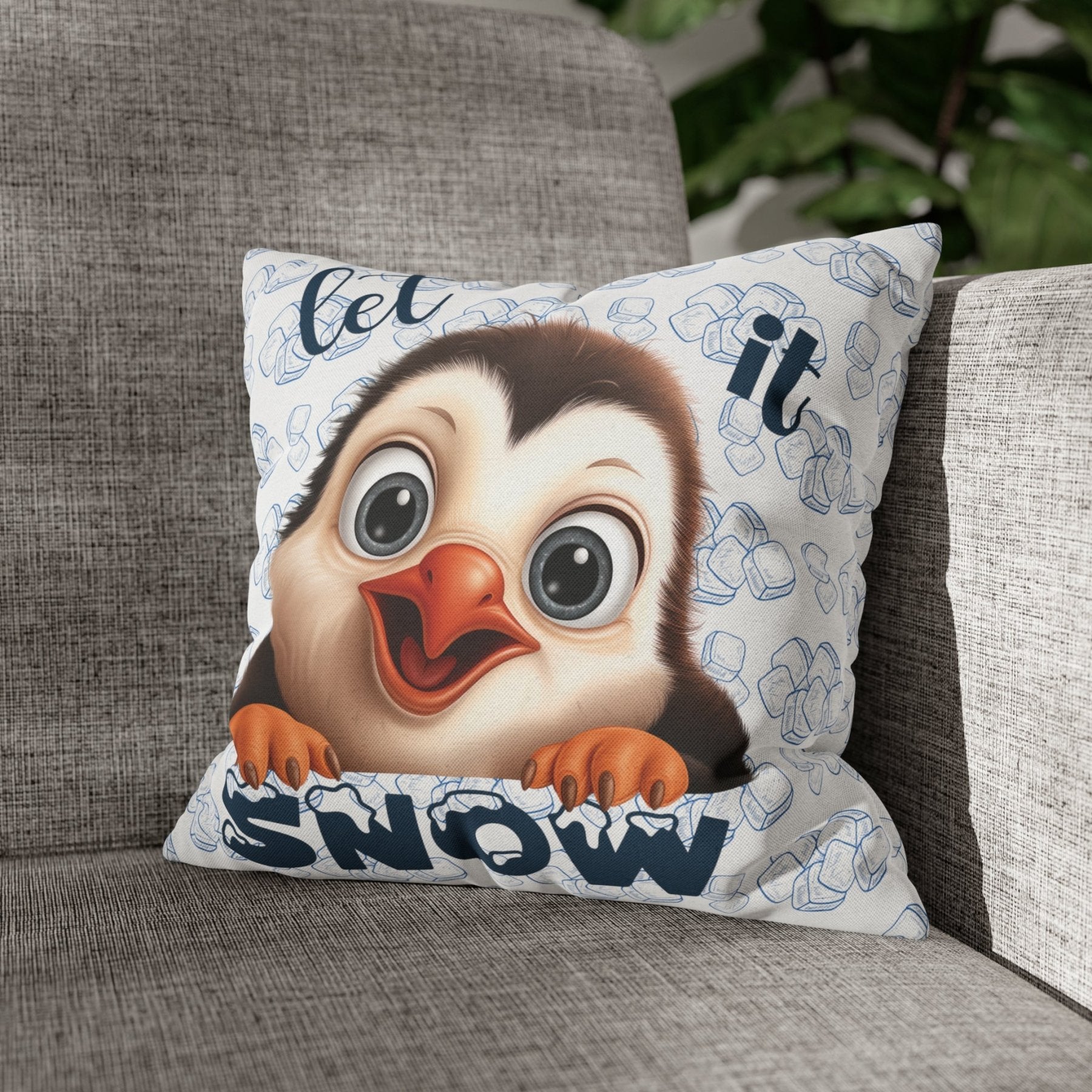 Winter Throw Pillow Cover, Throw Pillow Case, Winter Theme, Penguin, Let it Snow, Square Pillow Case - Janlyn's Crafts