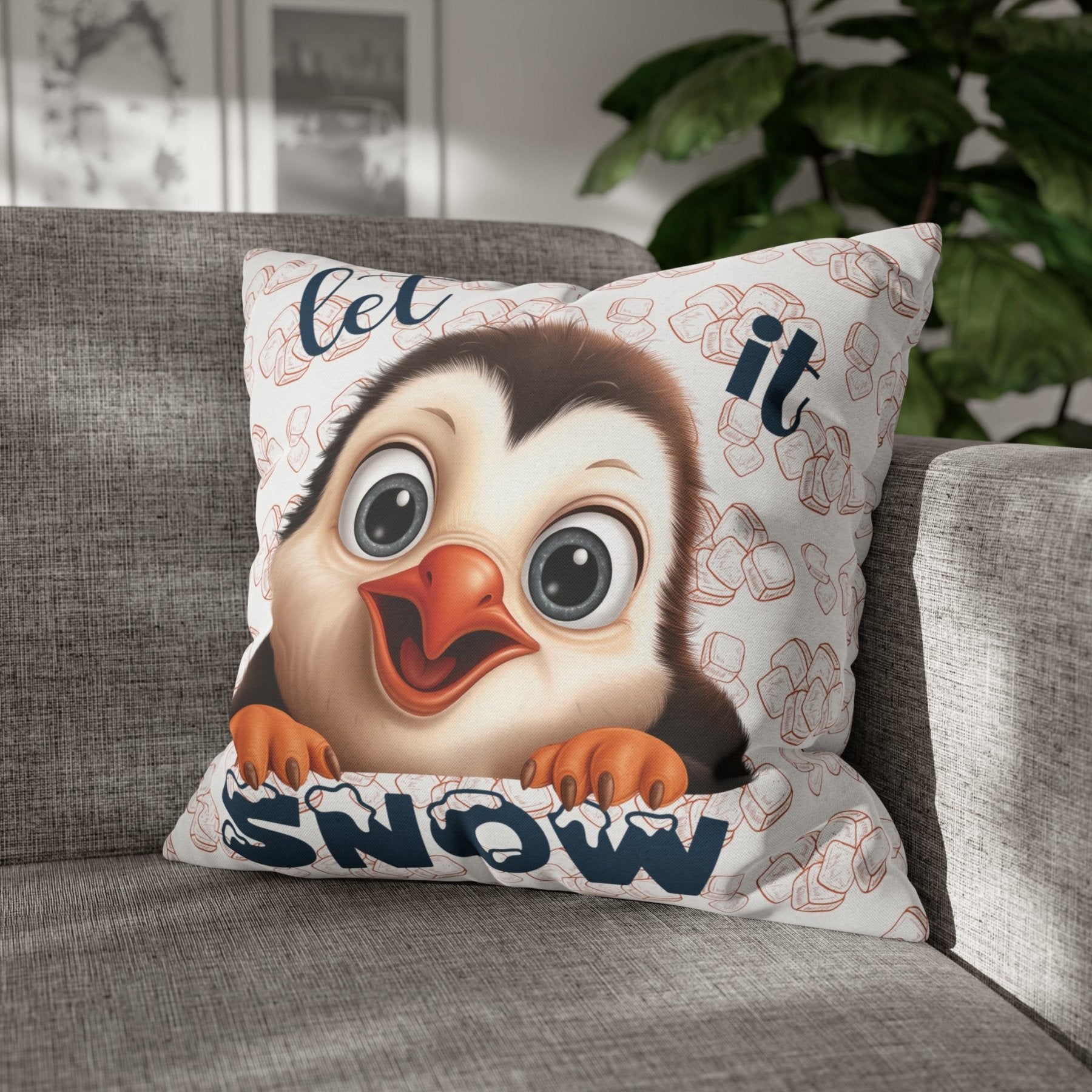 Winter Throw Pillow Cover, Throw Pillow Case, Winter Theme, Penguin, Let it Snow, Square Pillow Case - Janlyn's Crafts