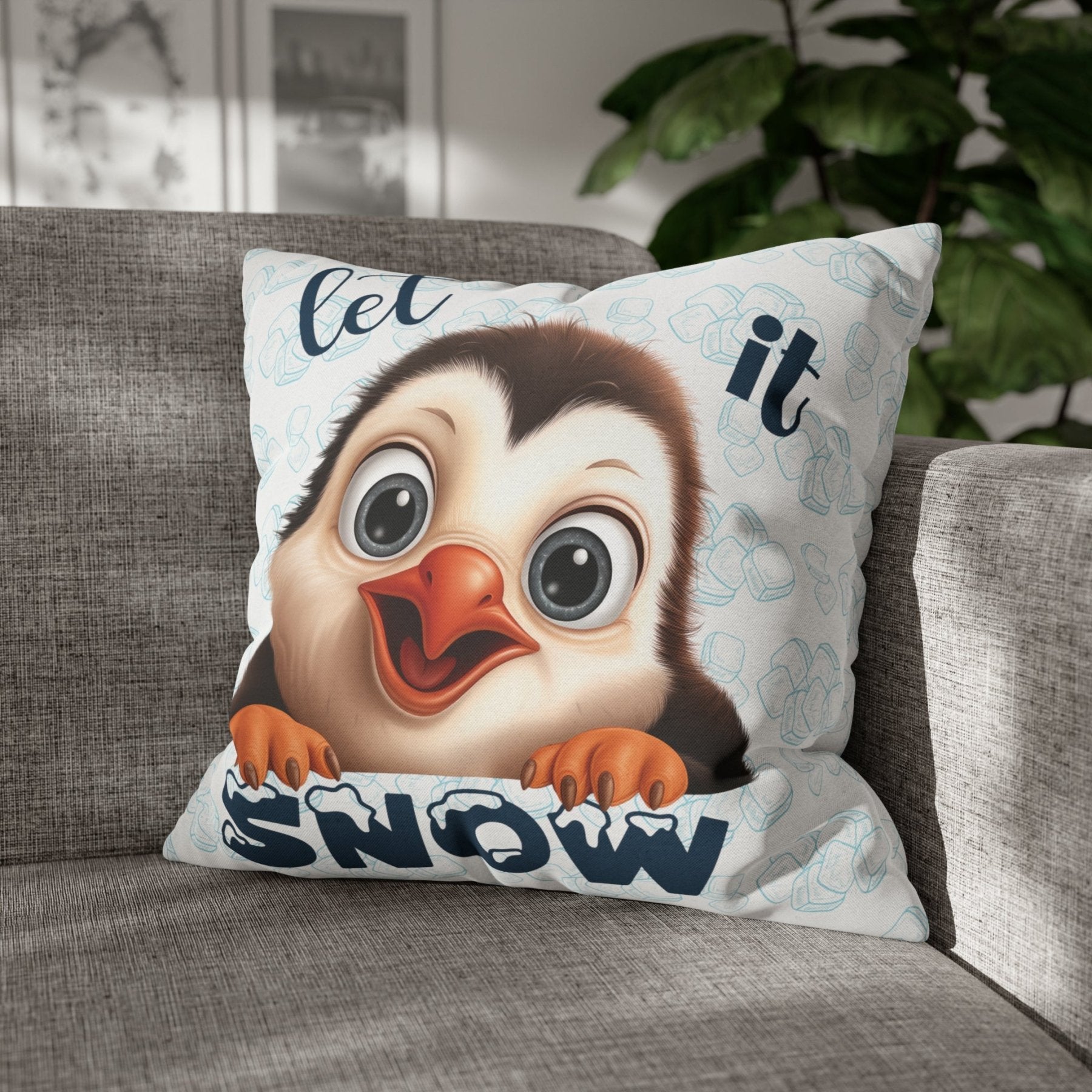 Winter Throw Pillow Cover, Throw Pillow Case, Winter Theme, Penguin, Let it Snow, Square Pillow Case - Janlyn's Crafts