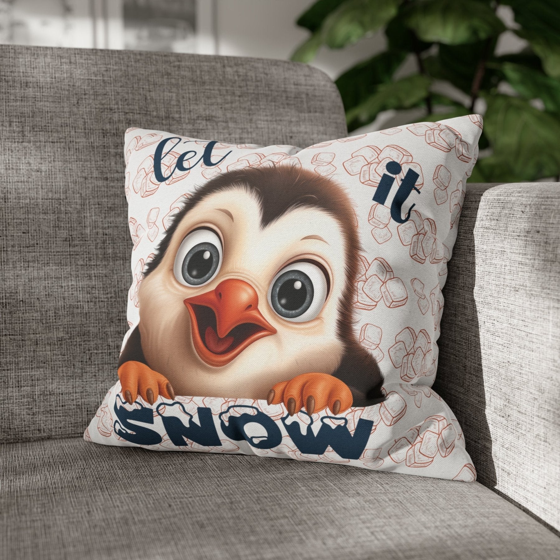 Winter Throw Pillow Cover, Throw Pillow Case, Winter Theme, Penguin, Let it Snow, Square Pillow Case - Janlyn's Crafts