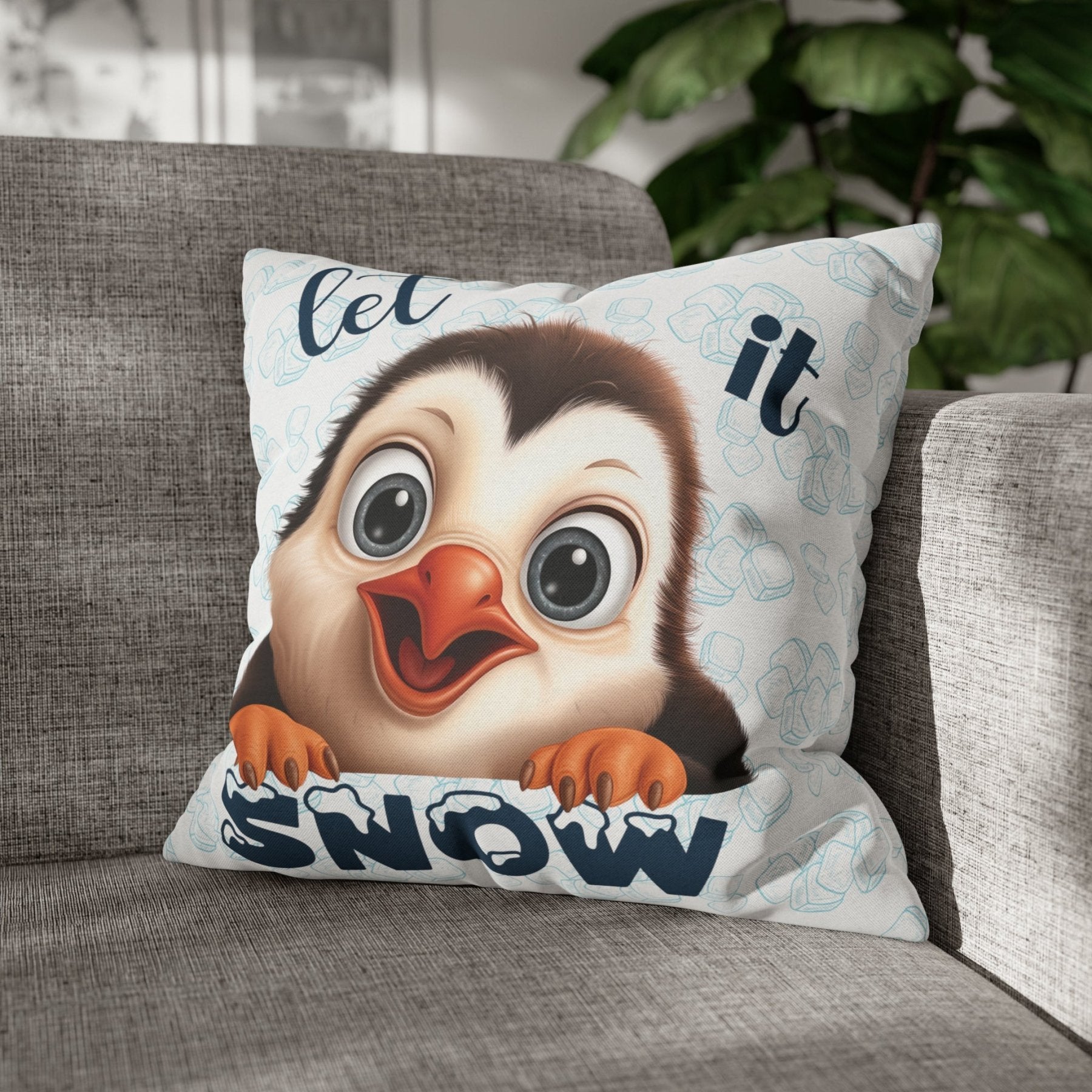 Winter Throw Pillow Cover, Throw Pillow Case, Winter Theme, Penguin, Let it Snow, Square Pillow Case - Janlyn's Crafts