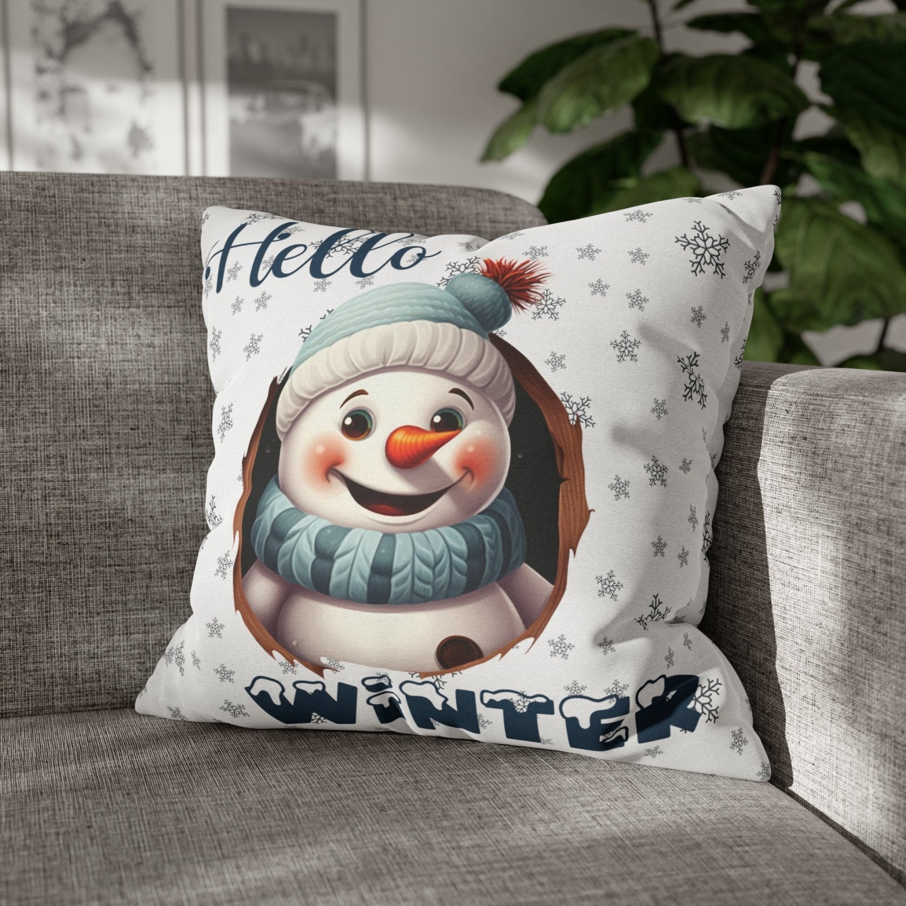 Winter Throw Pillow Cover, Throw Pillow Case, Winter Theme, Snowman, Hello Winter, Square Pillow Case, Snowman 1 - Janlyn's Crafts