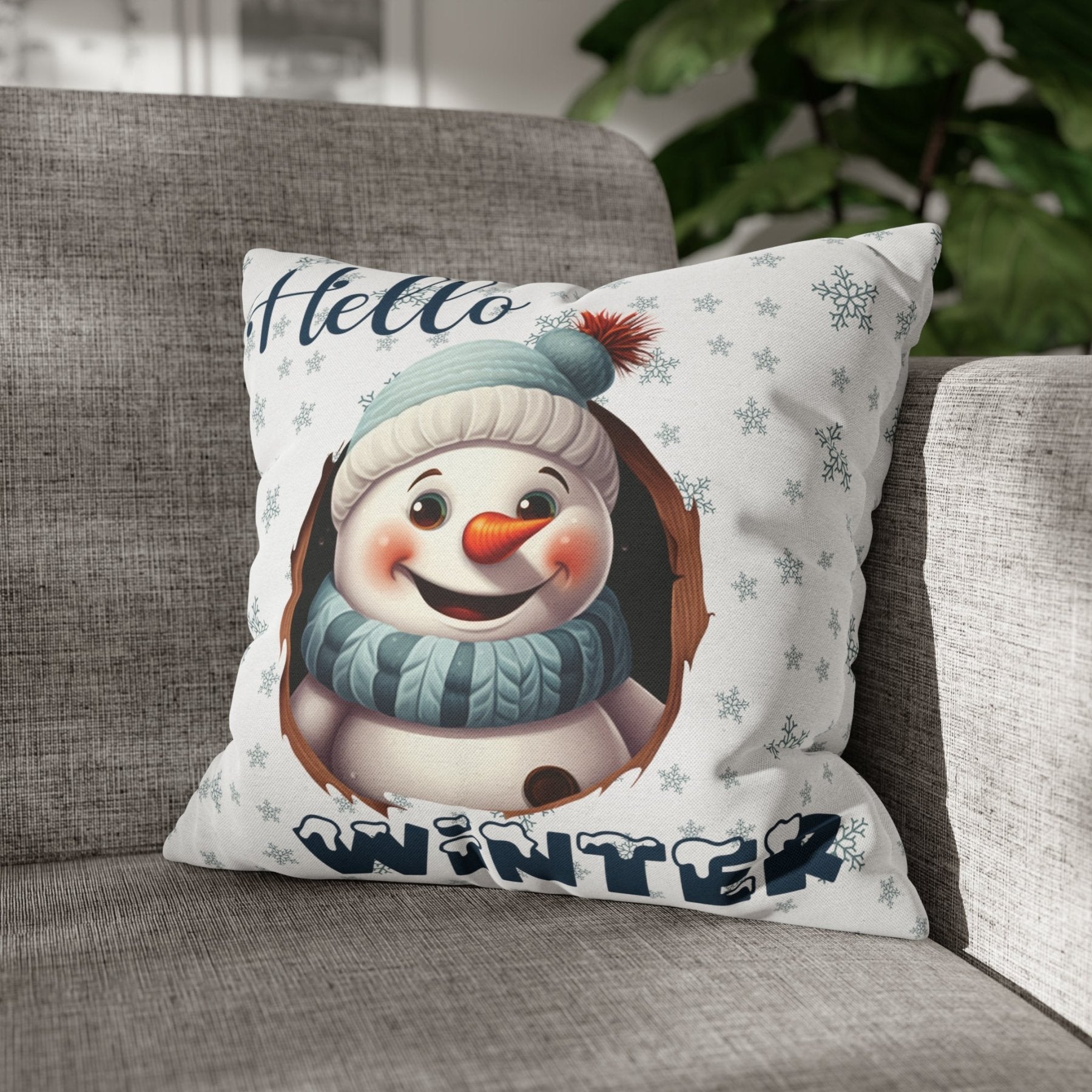 Winter Throw Pillow Cover, Throw Pillow Case, Winter Theme, Snowman, Hello Winter, Square Pillow Case, Snowman 1 - Janlyn's Crafts