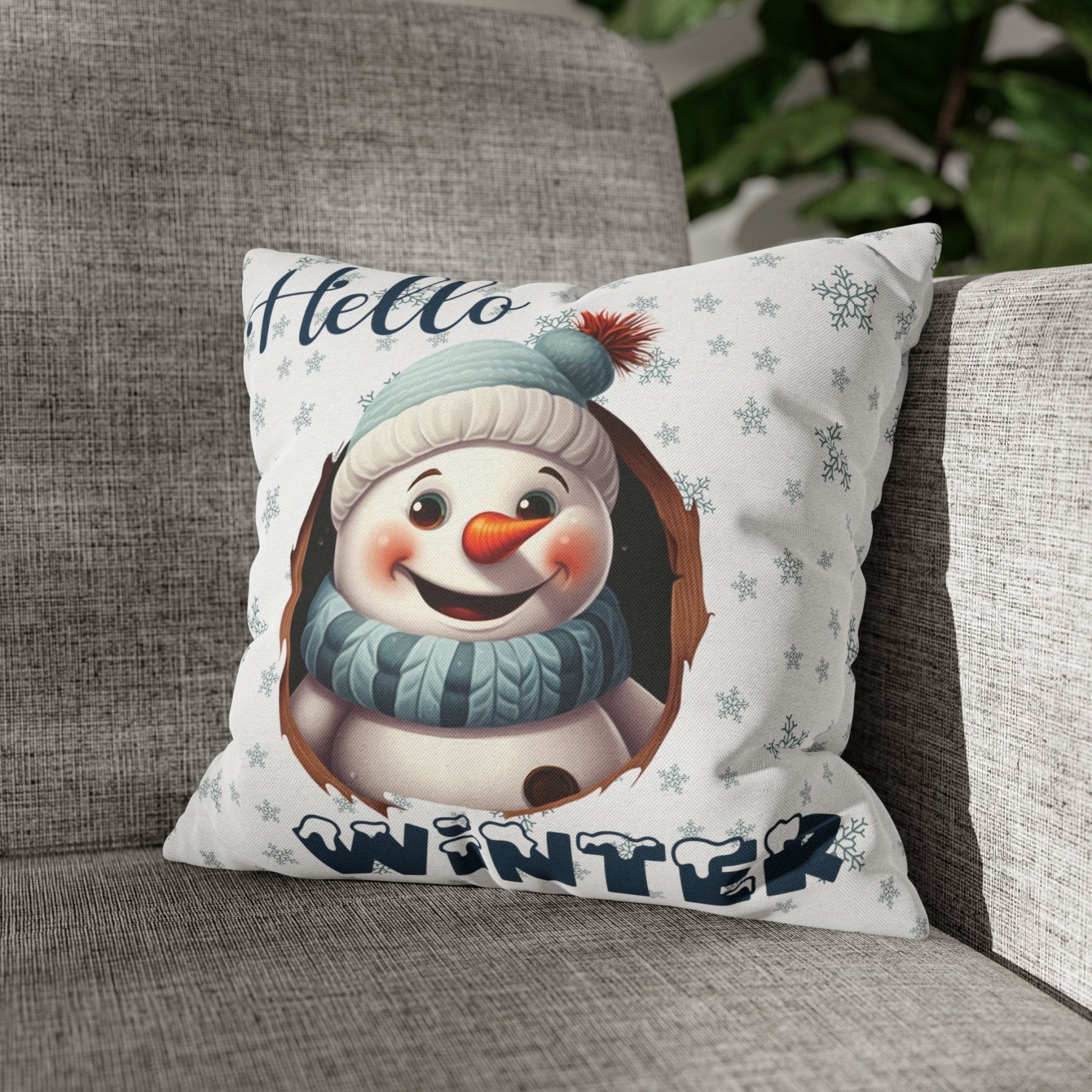 Winter Throw Pillow Cover, Throw Pillow Case, Winter Theme, Snowman, Hello Winter, Square Pillow Case, Snowman 1 - Janlyn's Crafts