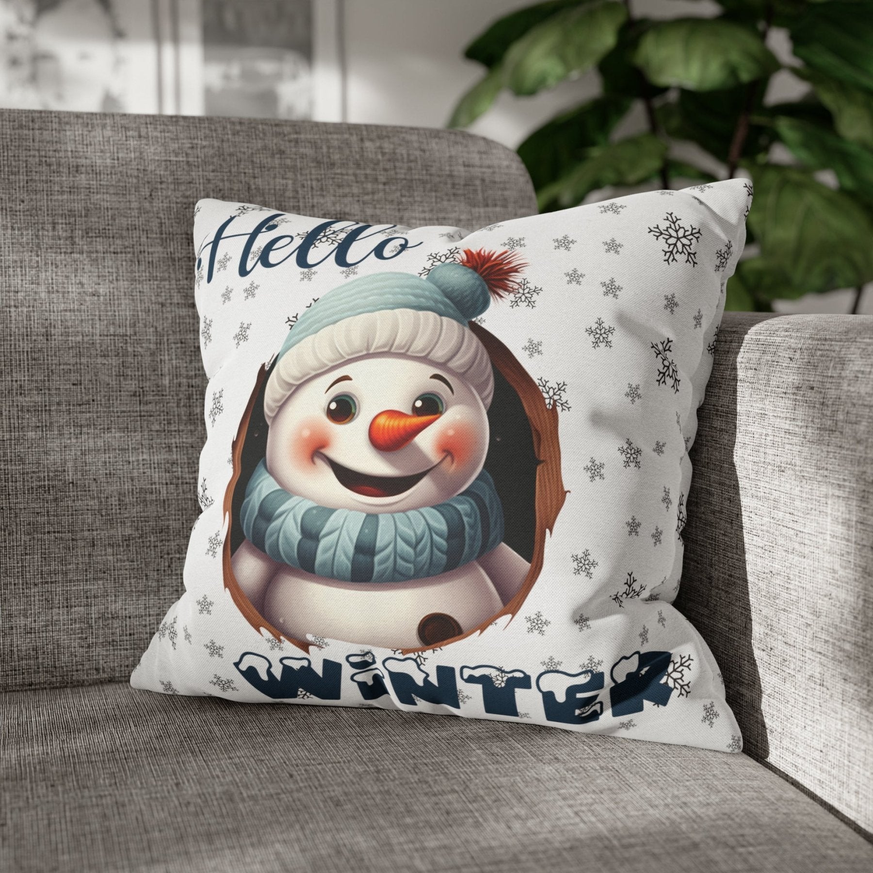 Winter Throw Pillow Cover, Throw Pillow Case, Winter Theme, Snowman, Hello Winter, Square Pillow Case, Snowman 1 - Janlyn's Crafts