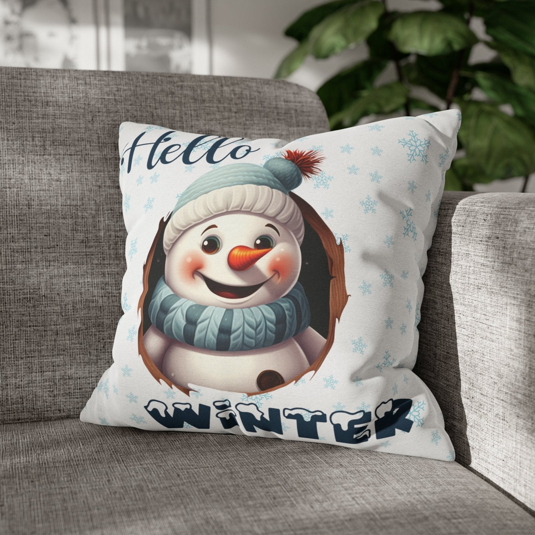 Winter Throw Pillow Cover, Throw Pillow Case, Winter Theme, Snowman, Hello Winter, Square Pillow Case, Snowman 1 - Janlyn's Crafts