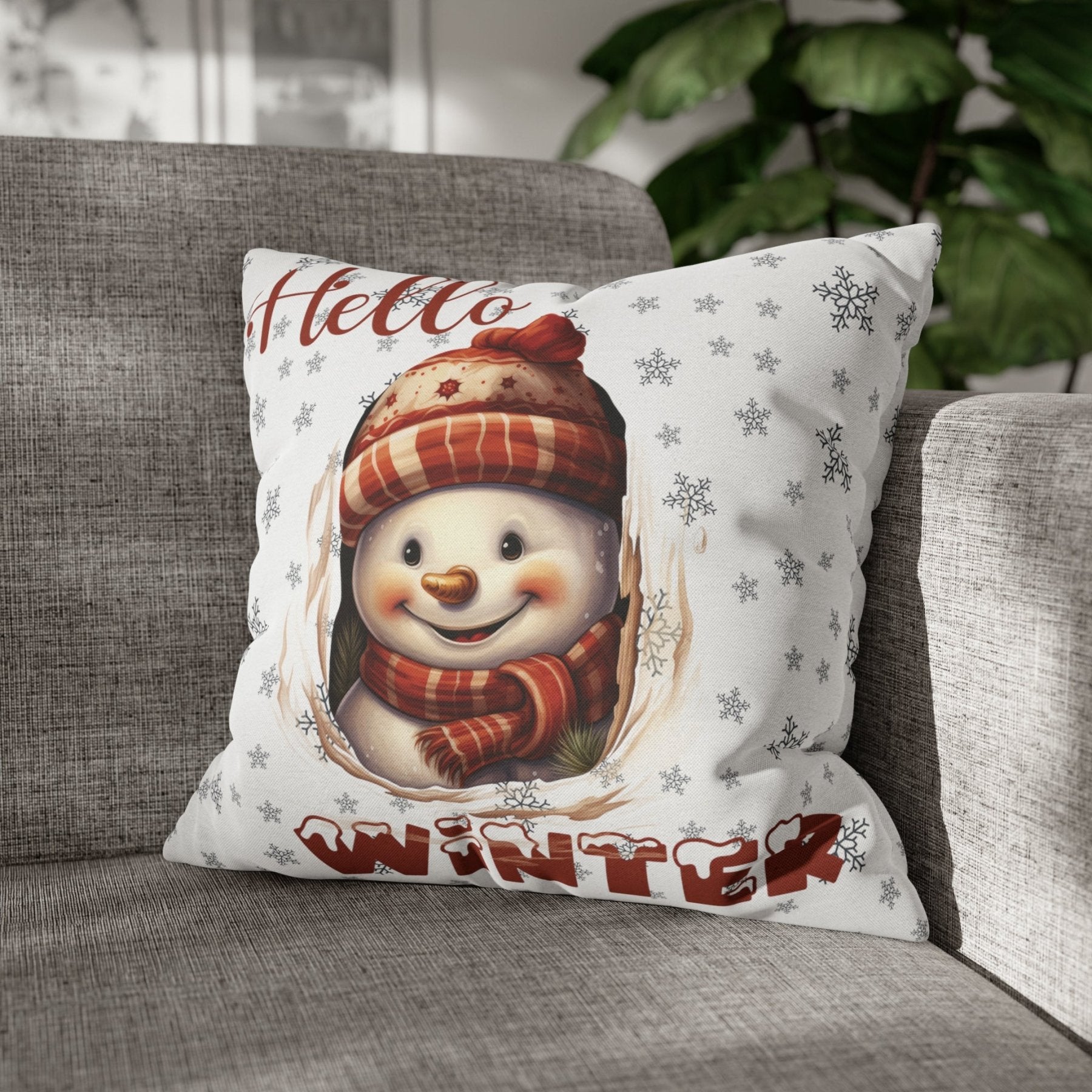 Winter Throw Pillow Cover, Throw Pillow Case, Winter Theme, Snowman, Hello Winter, Square Pillow Case, Snowman 3 - Janlyn's Crafts